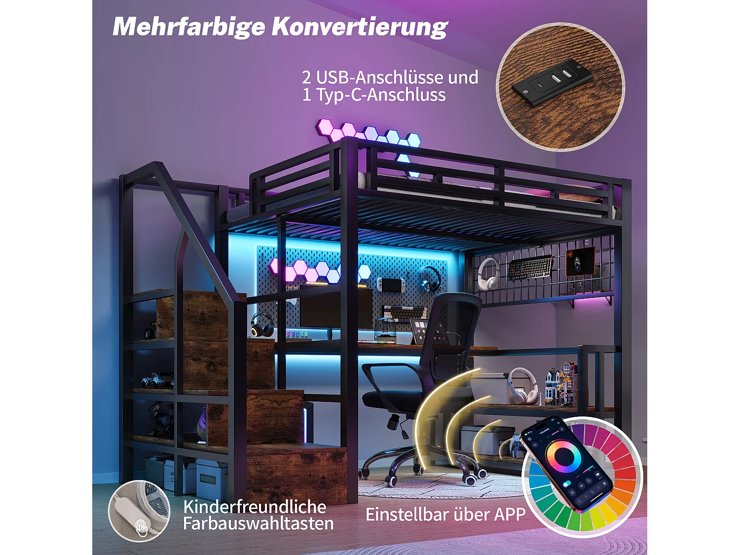 Børnehøjseng - 140 x 200 cm - jernstel - med hylde + LED'er + skrivebord + opbevaringstrappe + USB - metal - sort