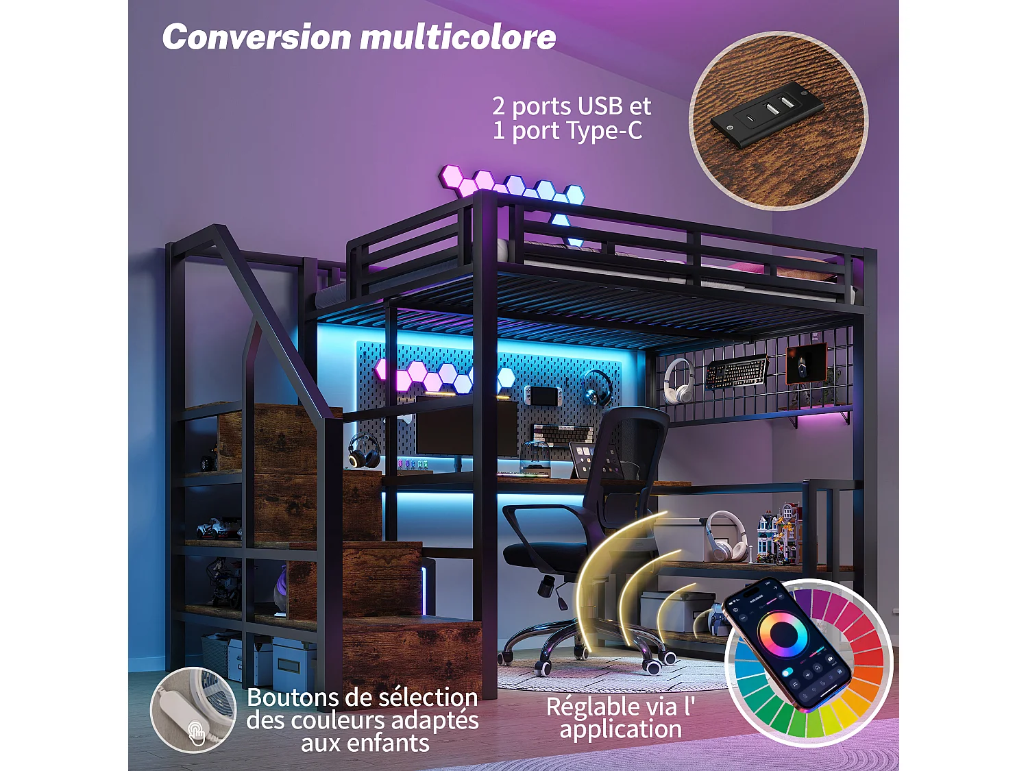Børnehøjseng - 140 x 200 cm - jernstel - med hylde + LED'er + skrivebord + opbevaringstrappe + USB - metal - sort