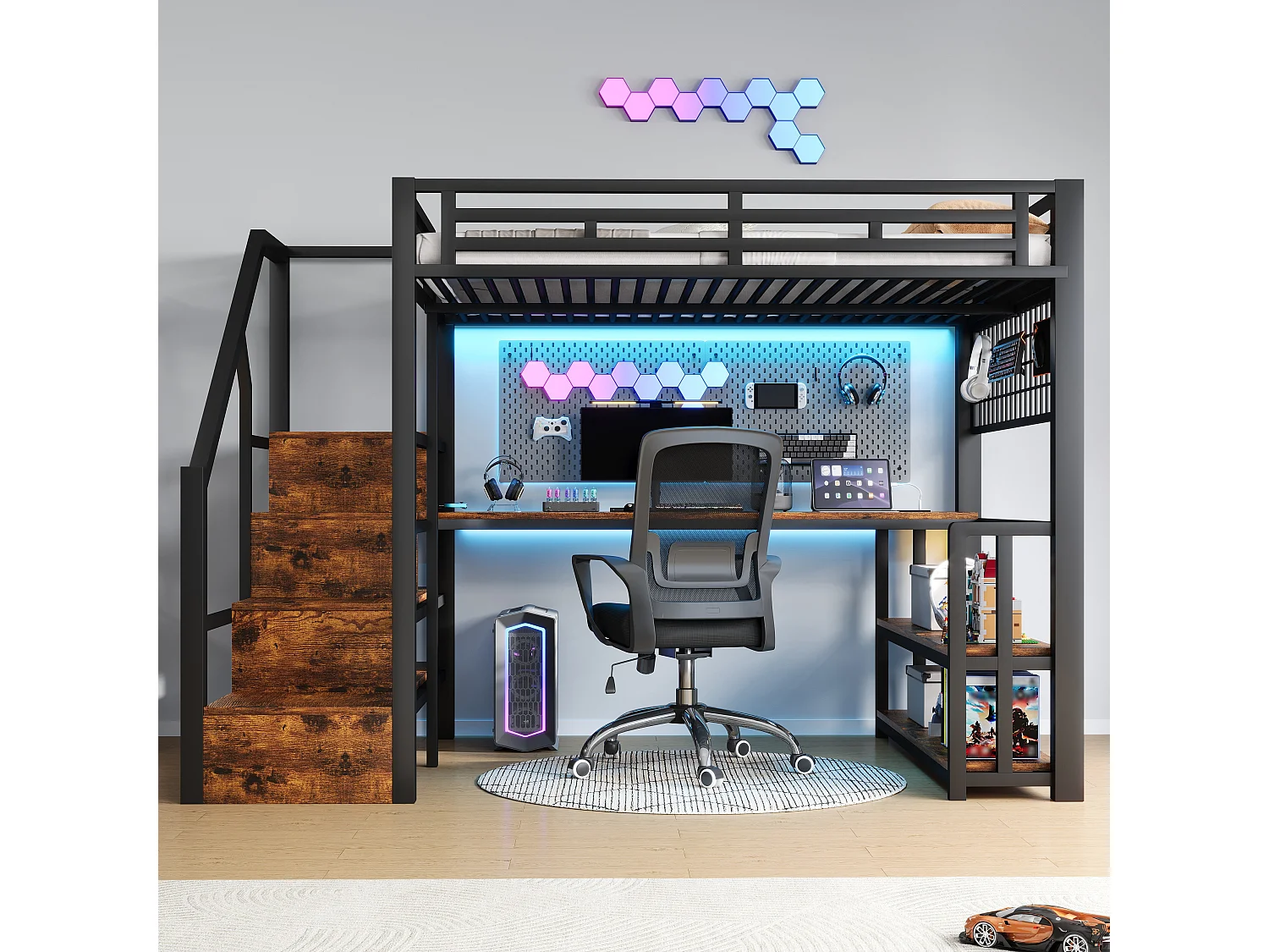 Børnehøjseng - 140 x 200 cm - jernstel - med hylde + LED'er + skrivebord + opbevaringstrappe + USB - metal - sort