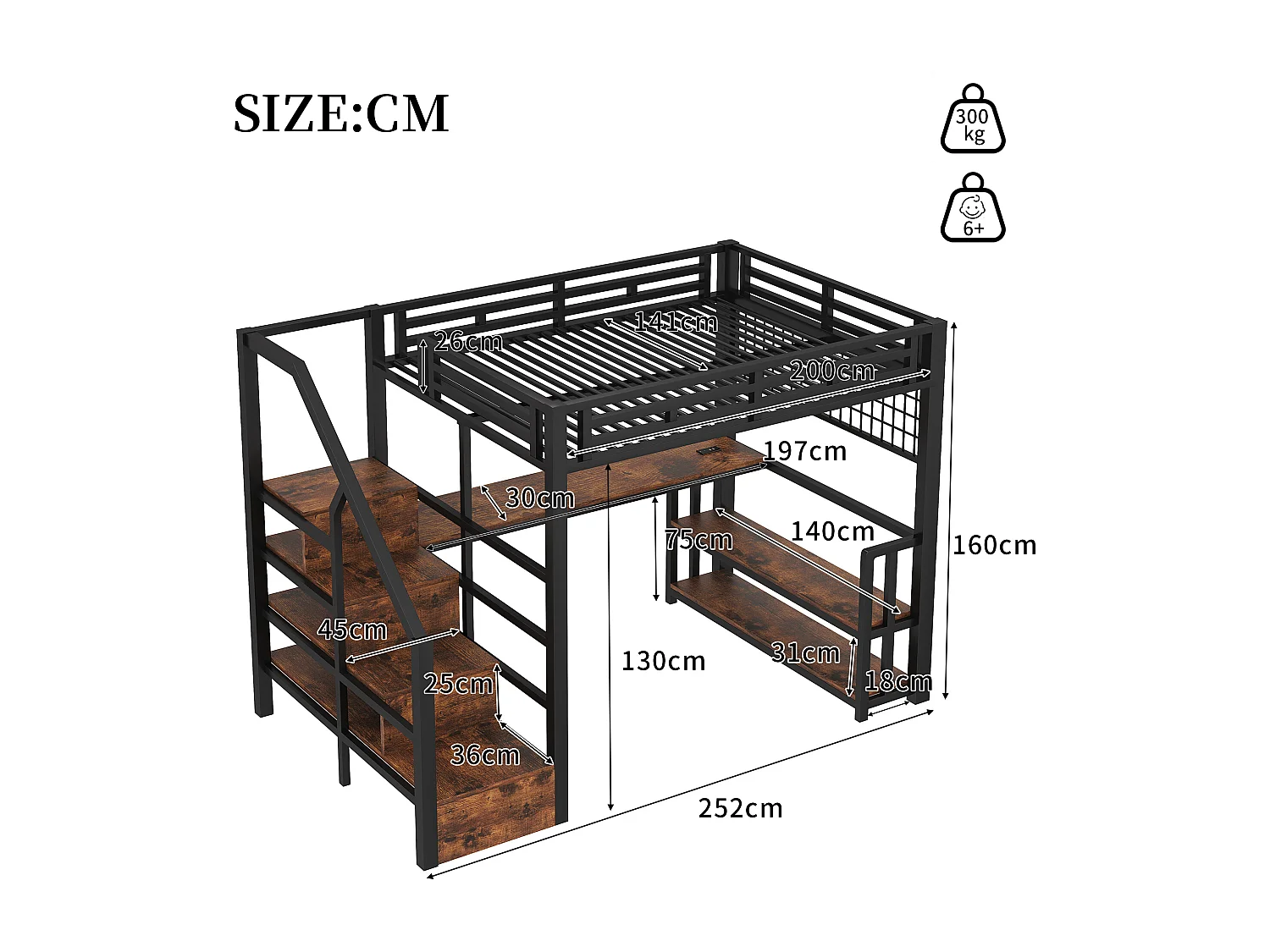 Børnehøjseng - 140 x 200 cm - jernstel - med hylde + LED'er + skrivebord + opbevaringstrappe + USB - metal - sort