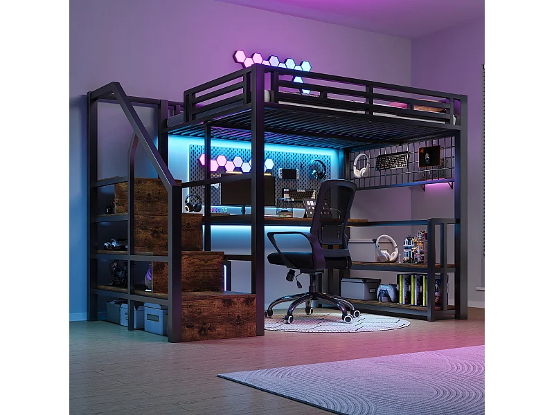 Lit mezzanine enfant - 140 x 200 cm - structure en fer - avec étagère + Leds + bureau + escalier de rangements + USB - métal - noir