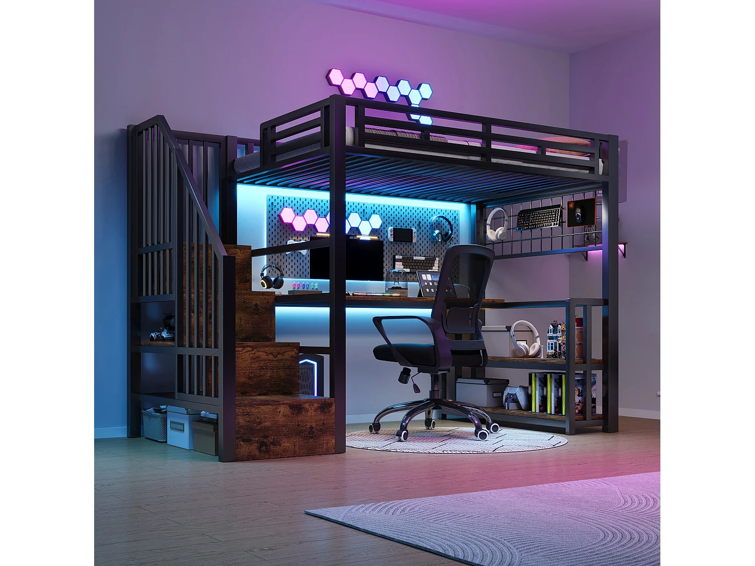 Kinderhoogslaper - 90 x 200 cm - ijzeren frame - met plank + ledverlichting + bureau + opbergladder + USB-poort - metaal - zwart