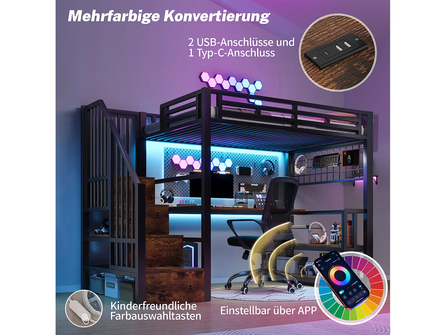 Kinderhoogslaper - 90 x 200 cm - ijzeren frame - met plank + ledverlichting + bureau + opbergladder + USB-poort - metaal - zwart