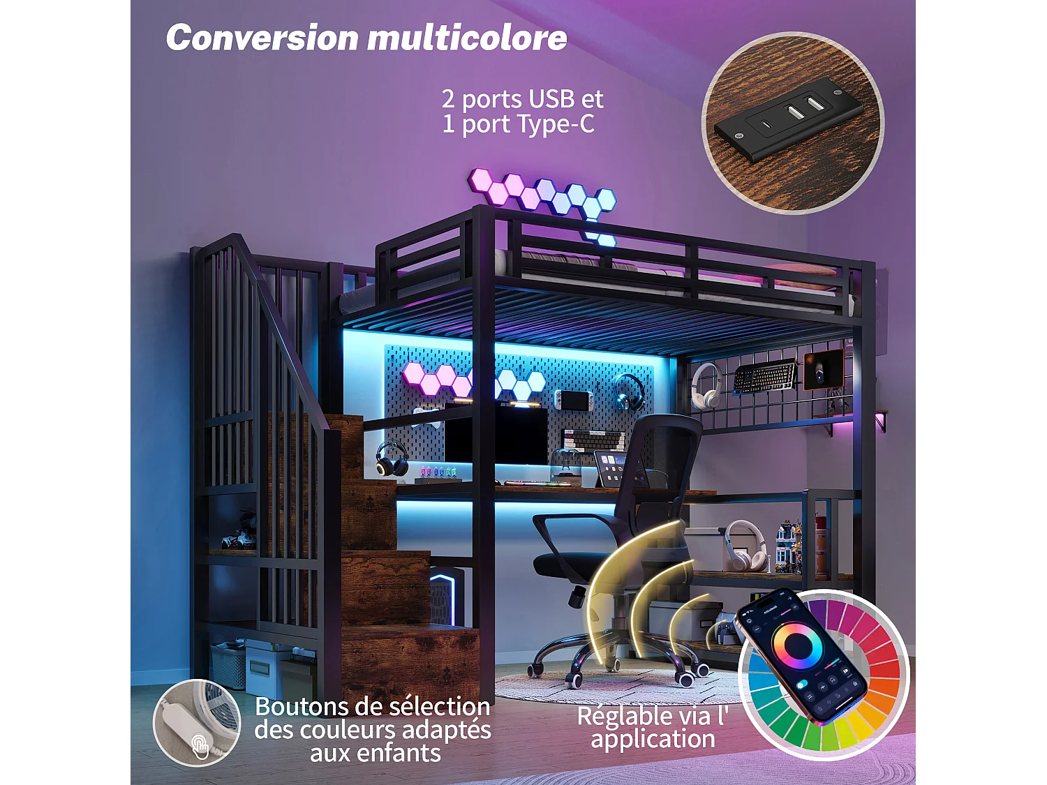 Kinderhoogslaper - 90 x 200 cm - ijzeren frame - met plank + ledverlichting + bureau + opbergladder + USB-poort - metaal - zwart