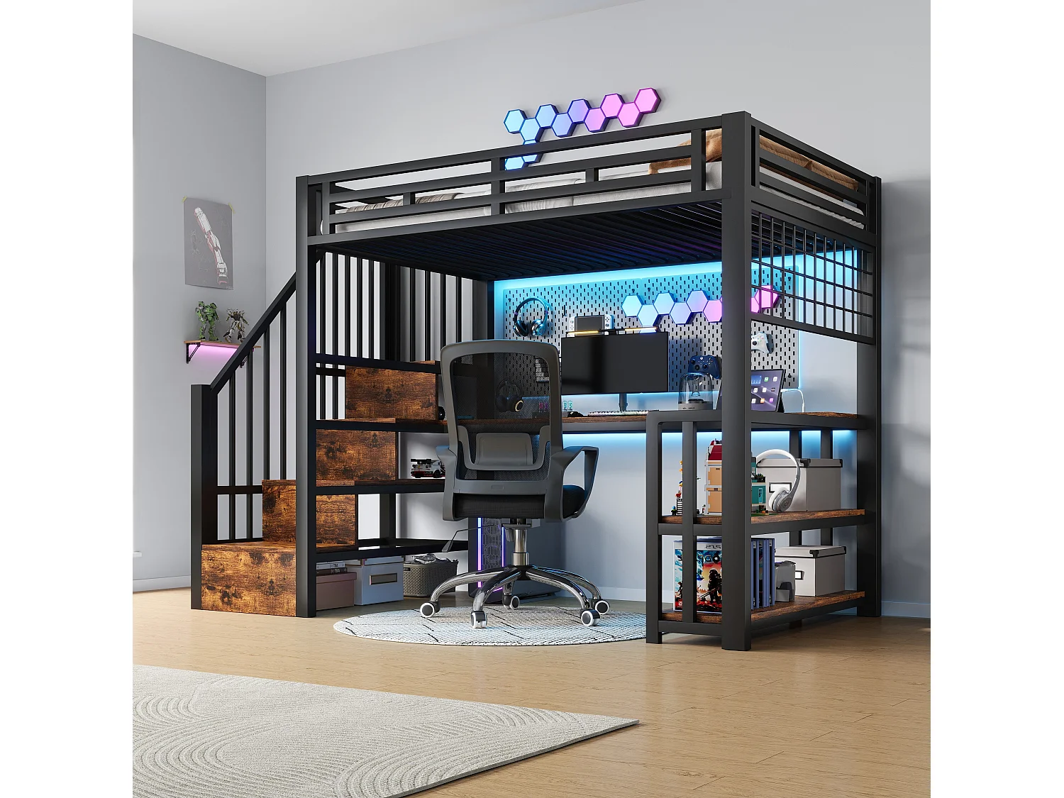 Kinderhoogslaper - 90 x 200 cm - ijzeren frame - met plank + ledverlichting + bureau + opbergladder + USB-poort - metaal - zwart