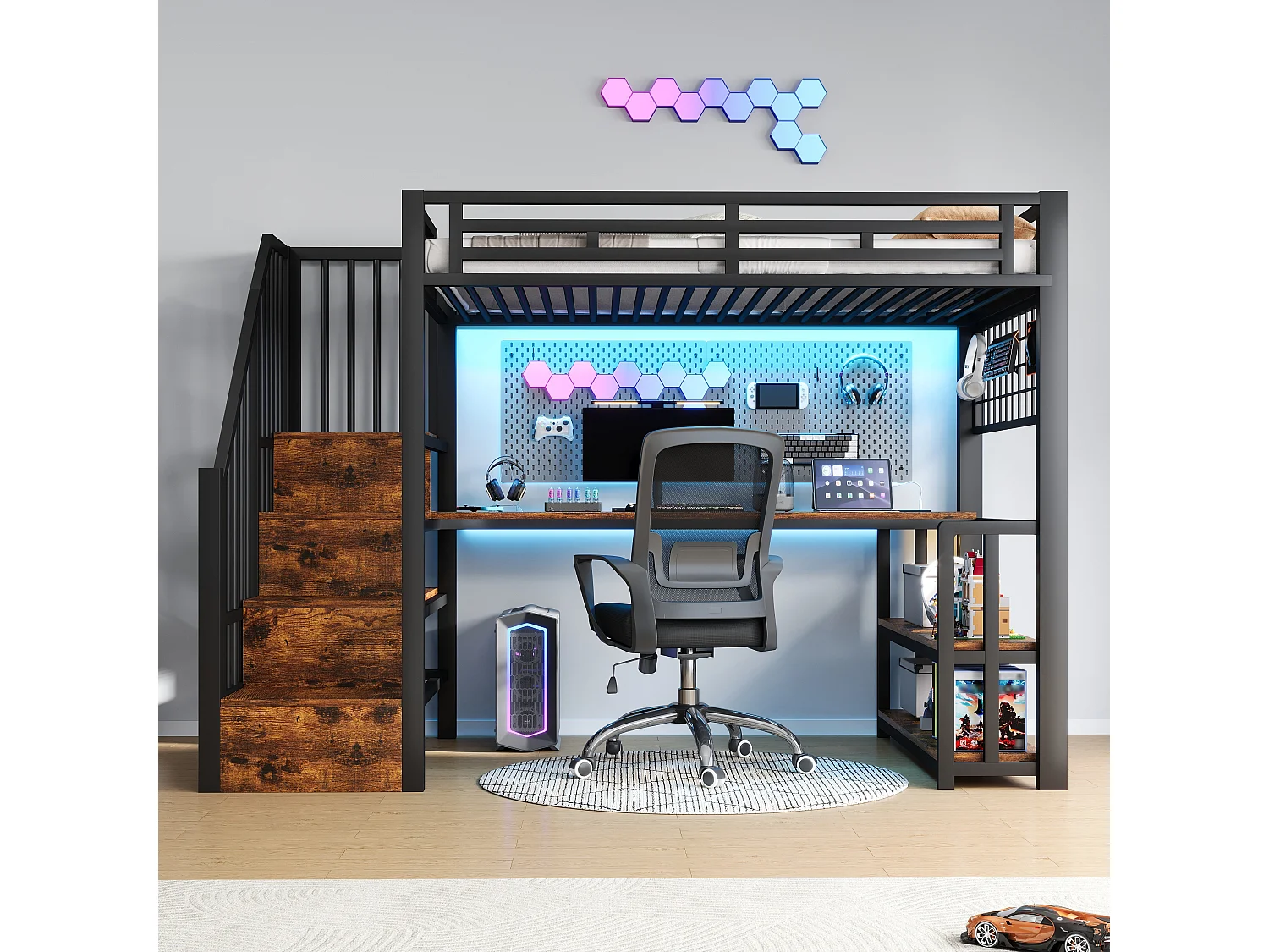 Kinderhoogslaper - 90 x 200 cm - ijzeren frame - met plank + ledverlichting + bureau + opbergladder + USB-poort - metaal - zwart