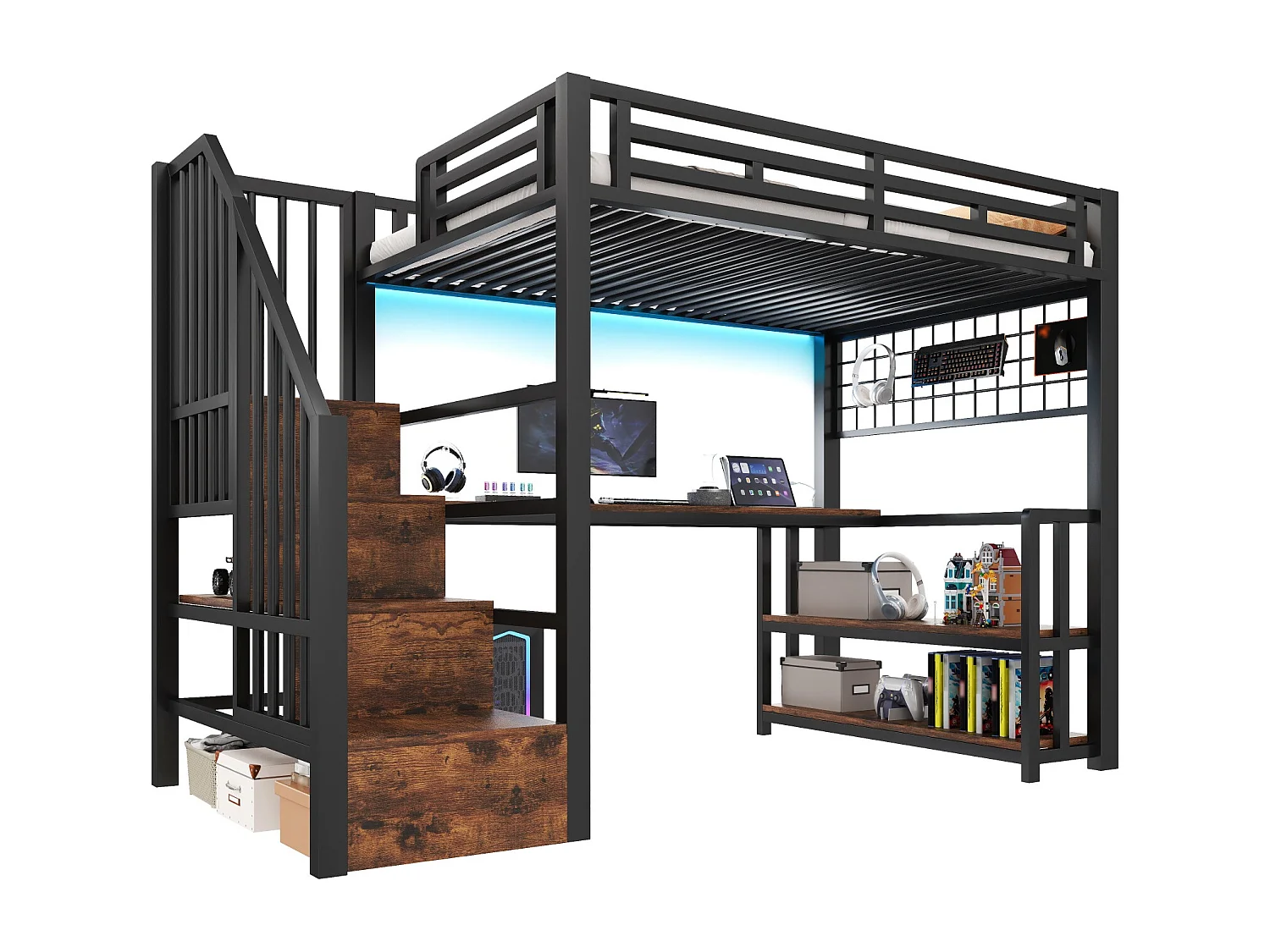 Kinderhoogslaper - 90 x 200 cm - ijzeren frame - met plank + ledverlichting + bureau + opbergladder + USB-poort - metaal - zwart