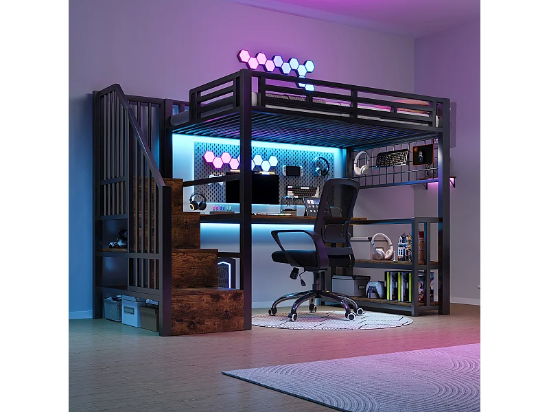 Lit mezzanine enfant - 90 x 200 cm - structure en fer - avec étagère + Leds + bureau + escalier de rangements + USB - métal - noir