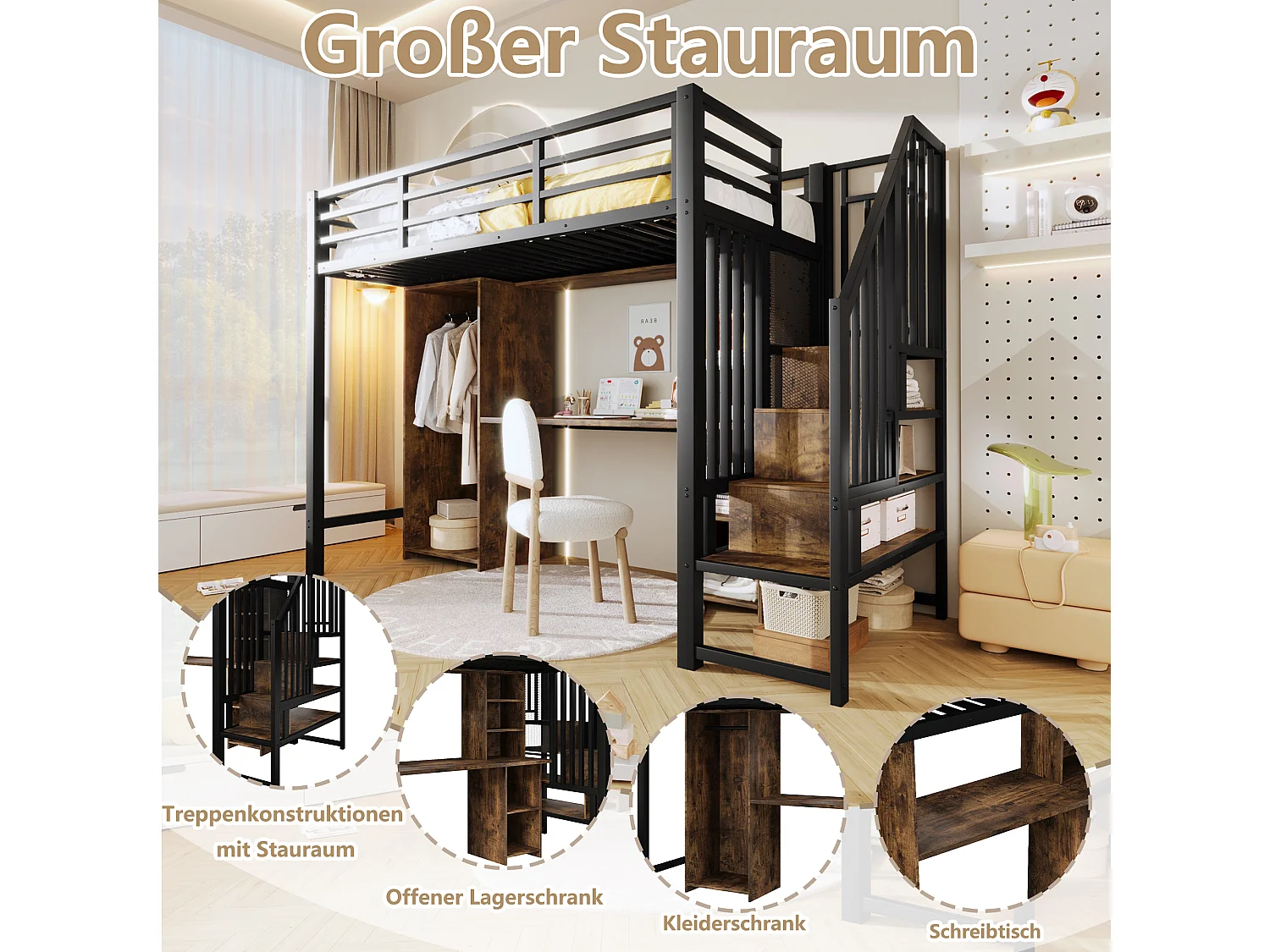 Lit mezzanine enfant - 90 x 200 cm - structure en fer - avec escalier de rangements + armoire + bureau + étagères - métal - noir