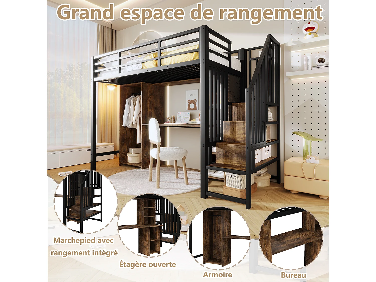 Lit mezzanine enfant - 90 x 200 cm - structure en fer - avec escalier de rangements + armoire + bureau + étagères - métal - noir