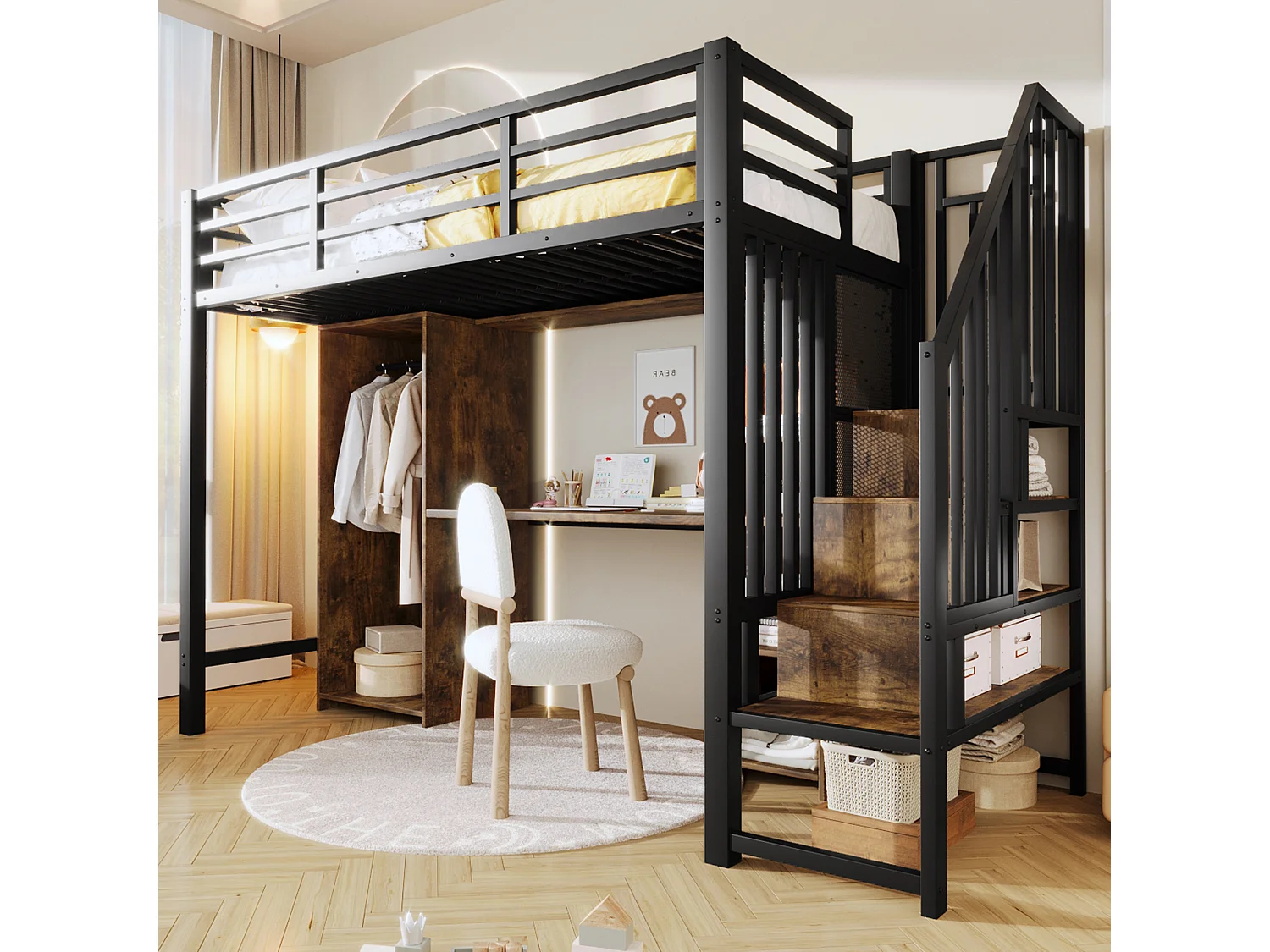 Lit mezzanine enfant - 90 x 200 cm - structure en fer - avec escalier de rangements + armoire + bureau + étagères - métal - noir