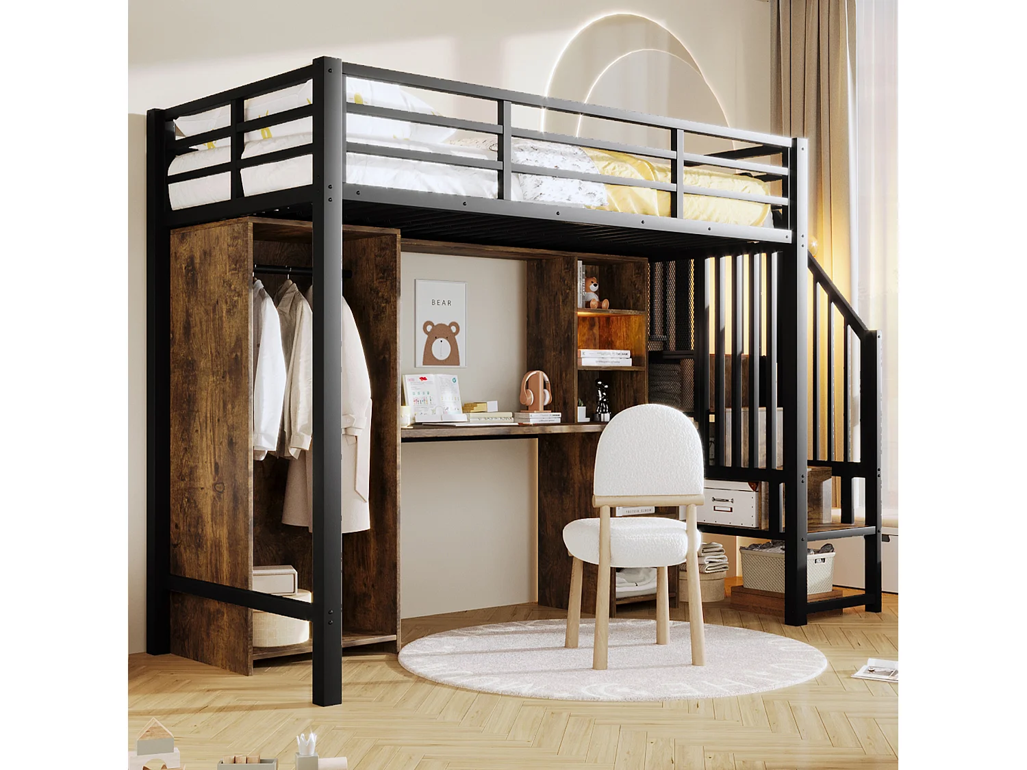 Lit mezzanine enfant - 90 x 200 cm - structure en fer - avec escalier de rangements + armoire + bureau + étagères - métal - noir