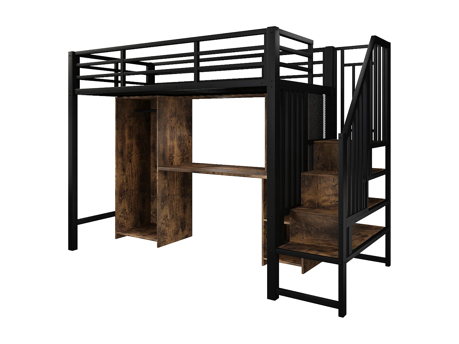 Lit mezzanine enfant - 90 x 200 cm - structure en fer - avec escalier de rangements + armoire + bureau + étagères - métal - noir