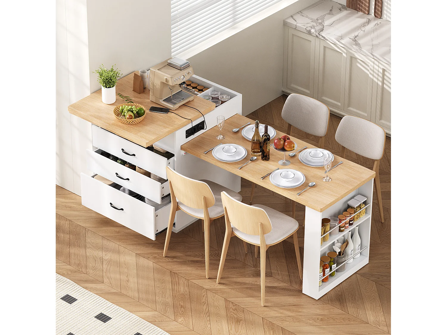 Îlot central extensible sur roulettes - 125.5 x 71 x 93 cm - avec porte + tiroirs + Leds - MDF - blanc