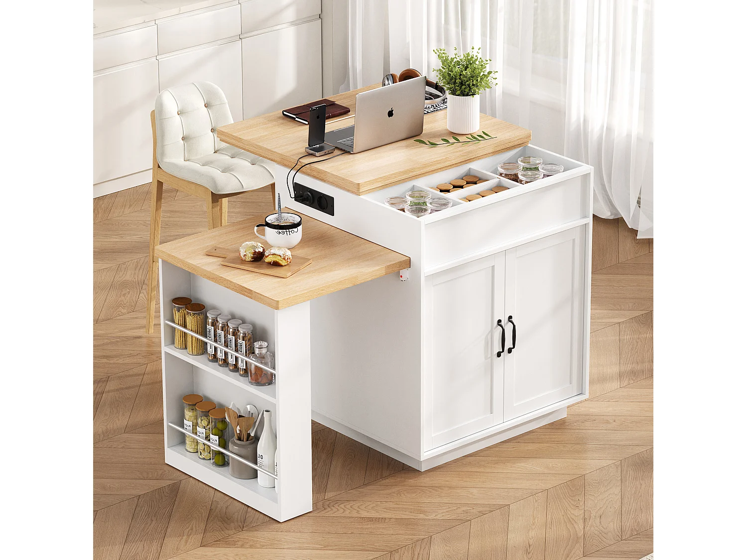 Îlot central extensible sur roulettes - 125.5 x 71 x 93 cm - avec porte + tiroirs + Leds - MDF - blanc