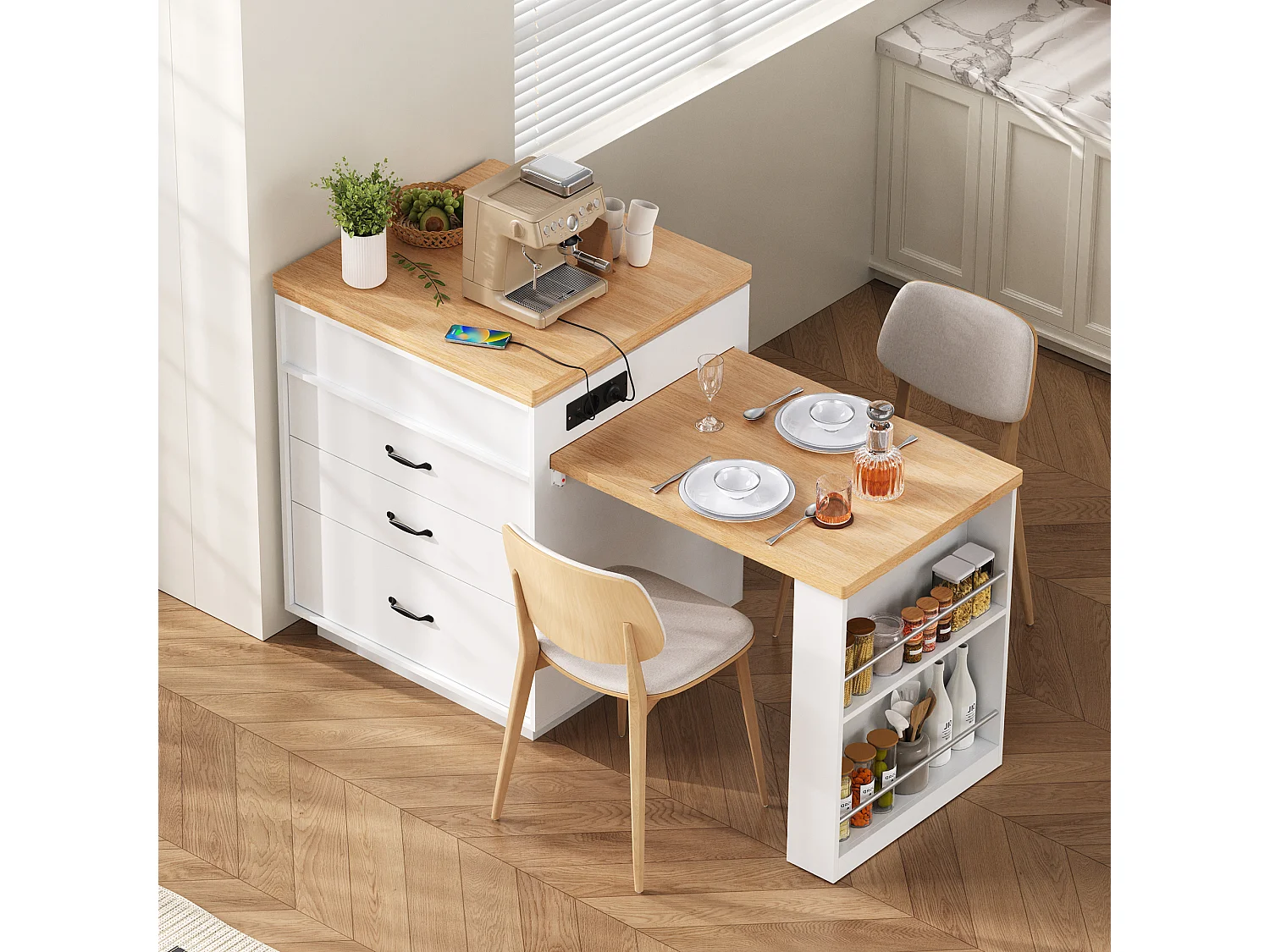 Îlot central extensible sur roulettes - 125.5 x 71 x 93 cm - avec porte + tiroirs + Leds - MDF - blanc