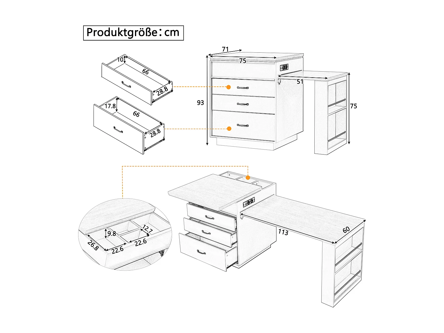 Îlot central extensible sur roulettes - 125.5 x 71 x 93 cm - avec porte + tiroirs + Leds - MDF - blanc