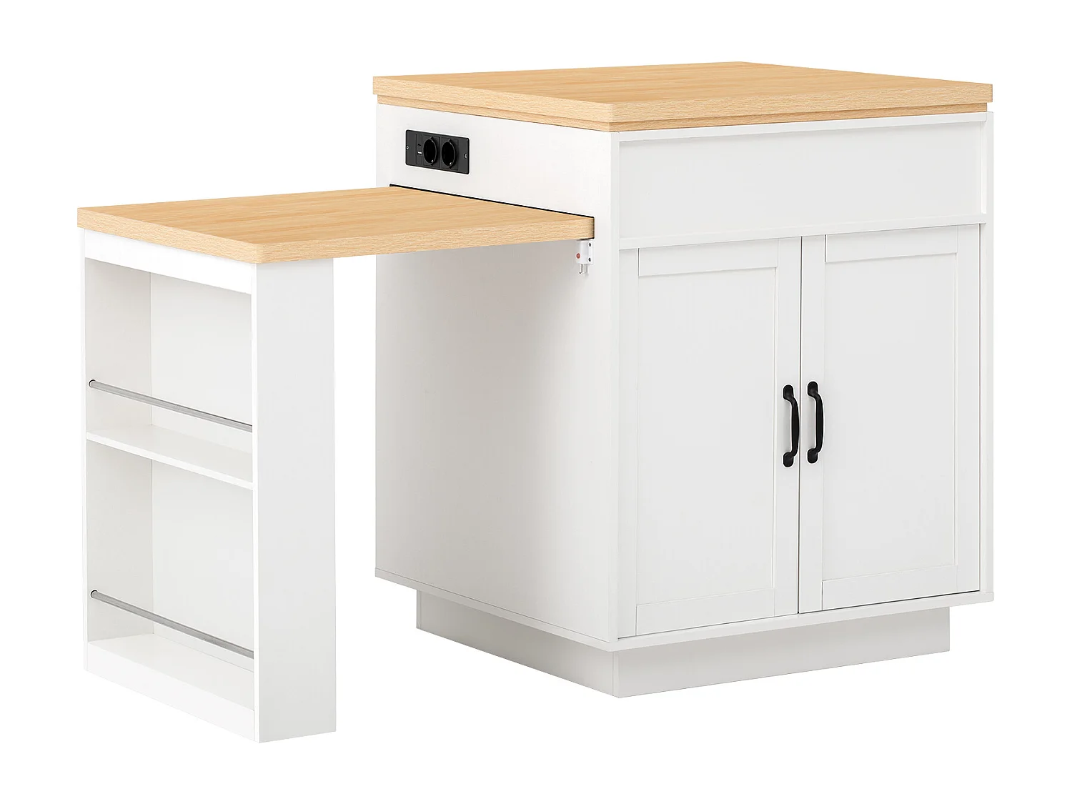 Îlot central extensible sur roulettes - 125.5 x 71 x 93 cm - avec porte + tiroirs + Leds - MDF - blanc