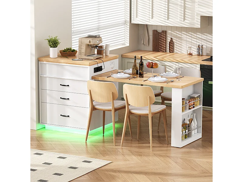 Îlot central extensible sur roulettes - 125.5 x 71 x 93 cm - avec porte + tiroirs + Leds - MDF - blanc