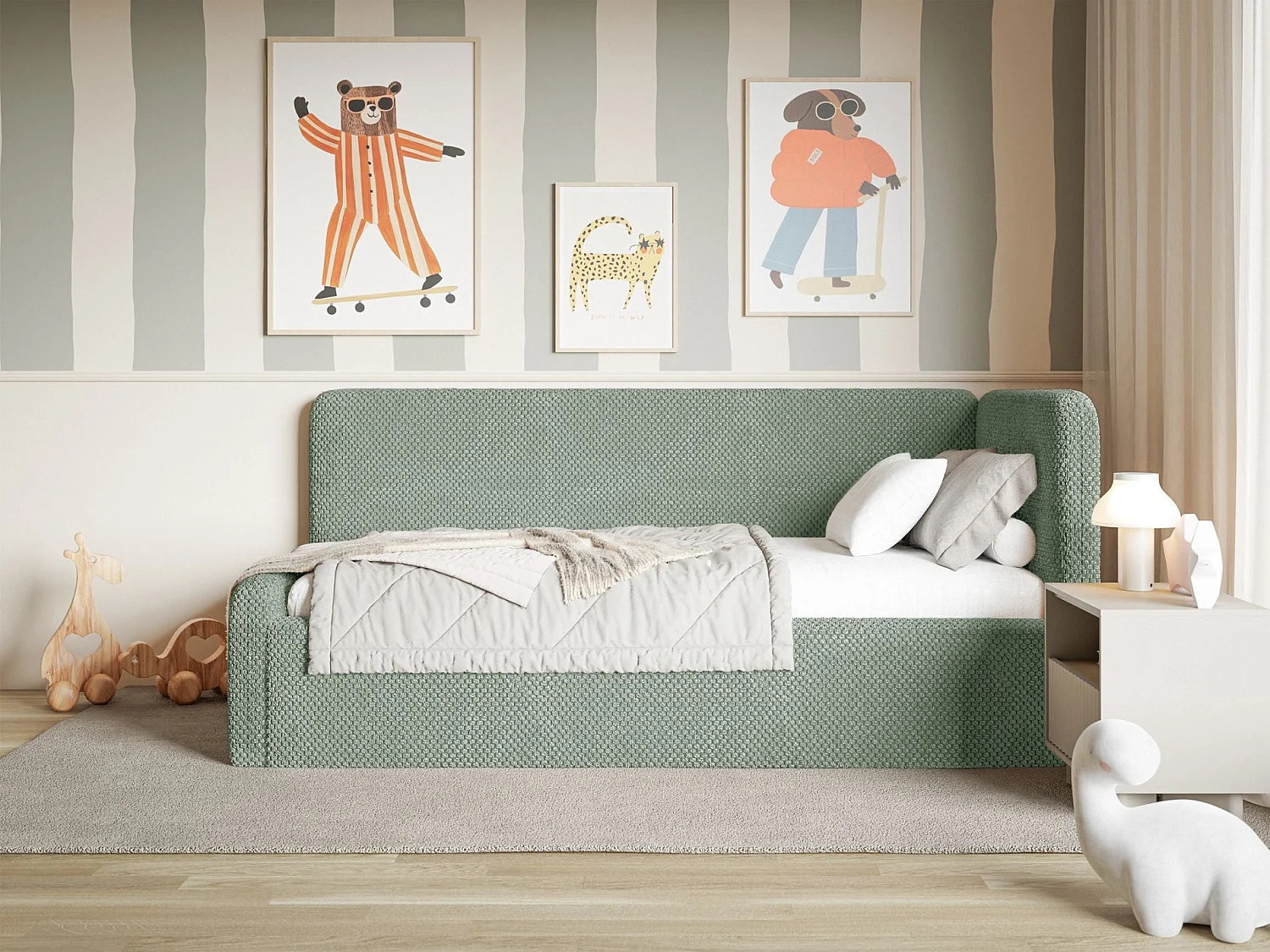 Lit junior 90x200 – barrière de sécurité, matelas, tête de lit à droite – en peluche – vert sauge – FANKO