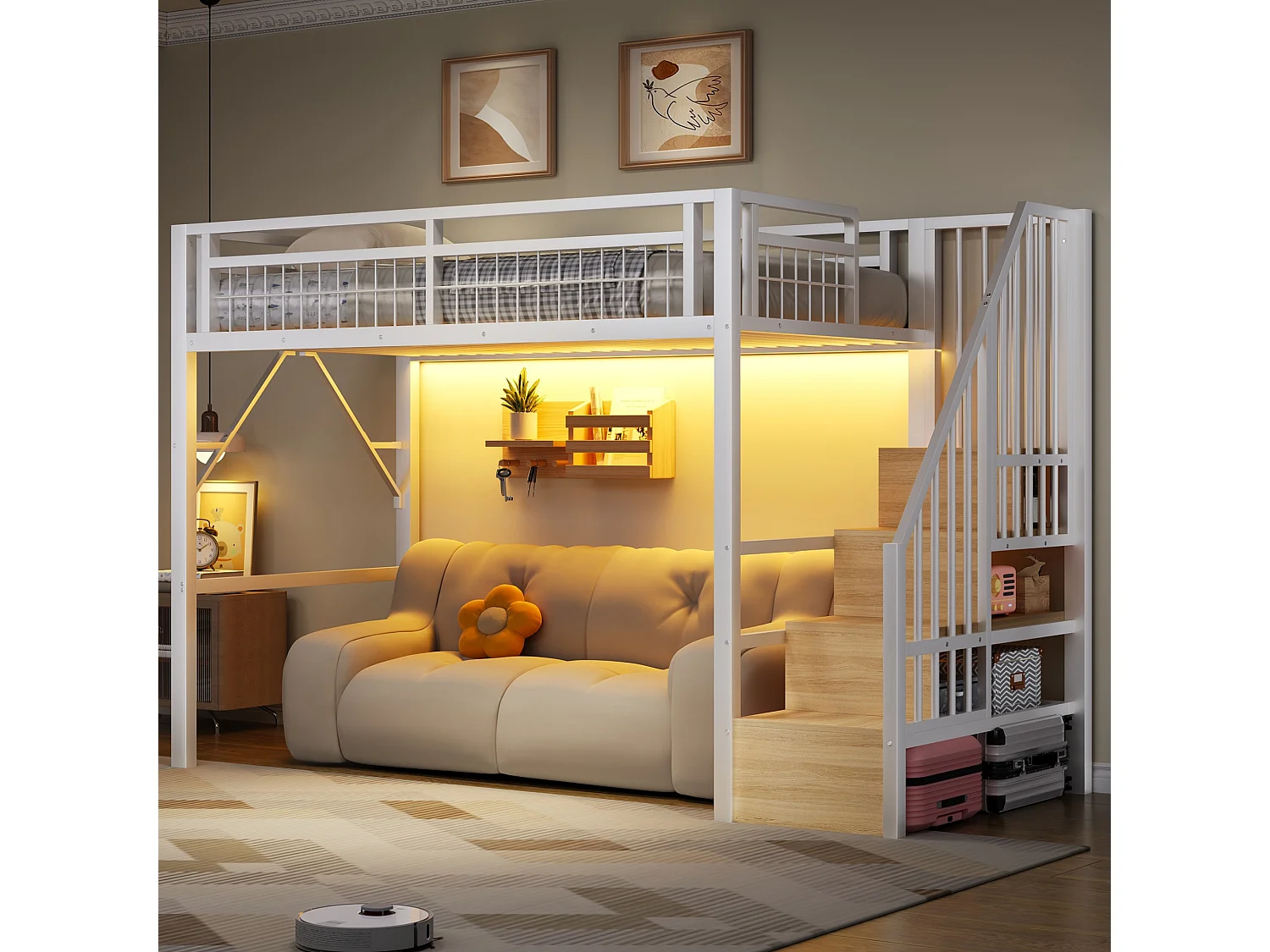 Kinderhoogslaper - 90 x 200 cm - ijzeren frame - met LED-verlichting + opbergladder - metaal - wit