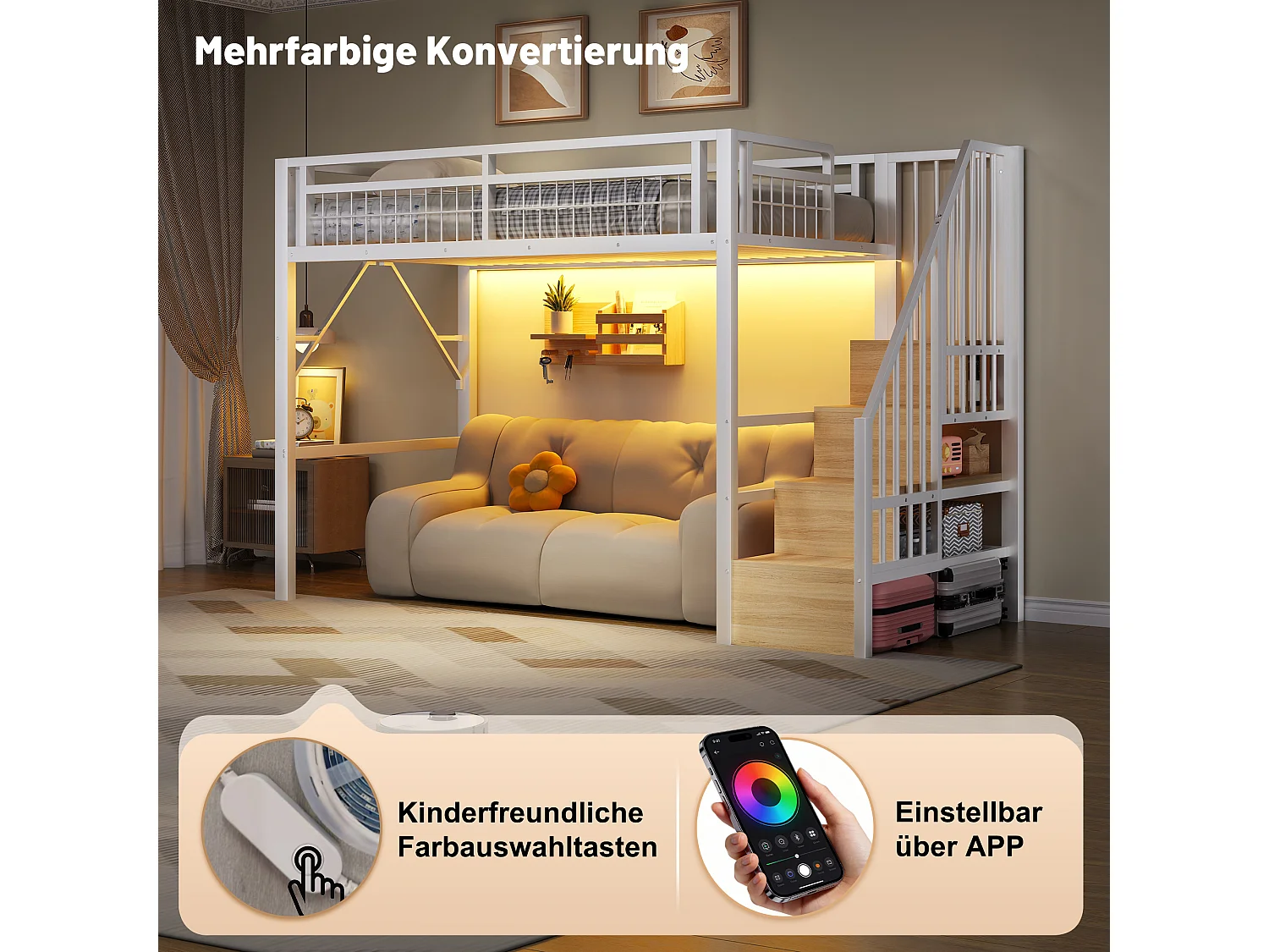 Kinderhoogslaper - 90 x 200 cm - ijzeren frame - met LED-verlichting + opbergladder - metaal - wit