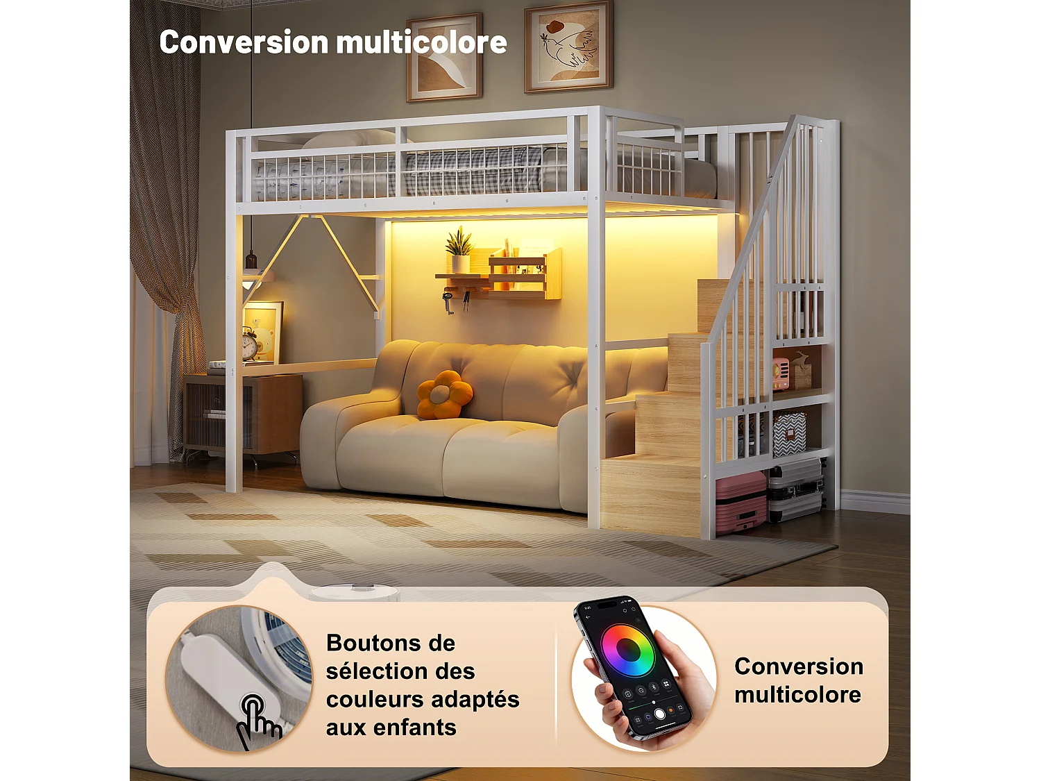 Kinderhoogslaper - 90 x 200 cm - ijzeren frame - met LED-verlichting + opbergladder - metaal - wit