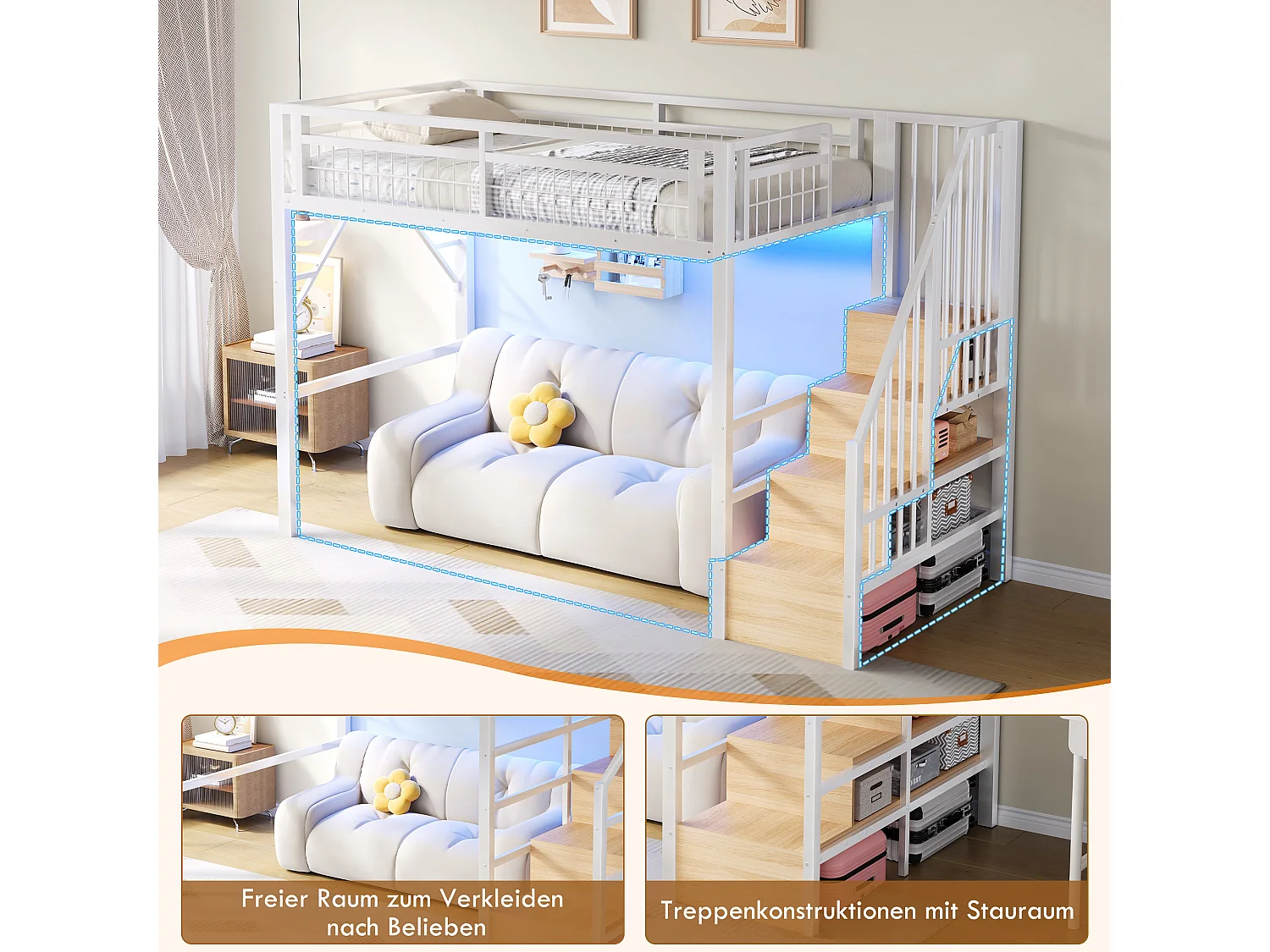 Kinderhoogslaper - 90 x 200 cm - ijzeren frame - met LED-verlichting + opbergladder - metaal - wit