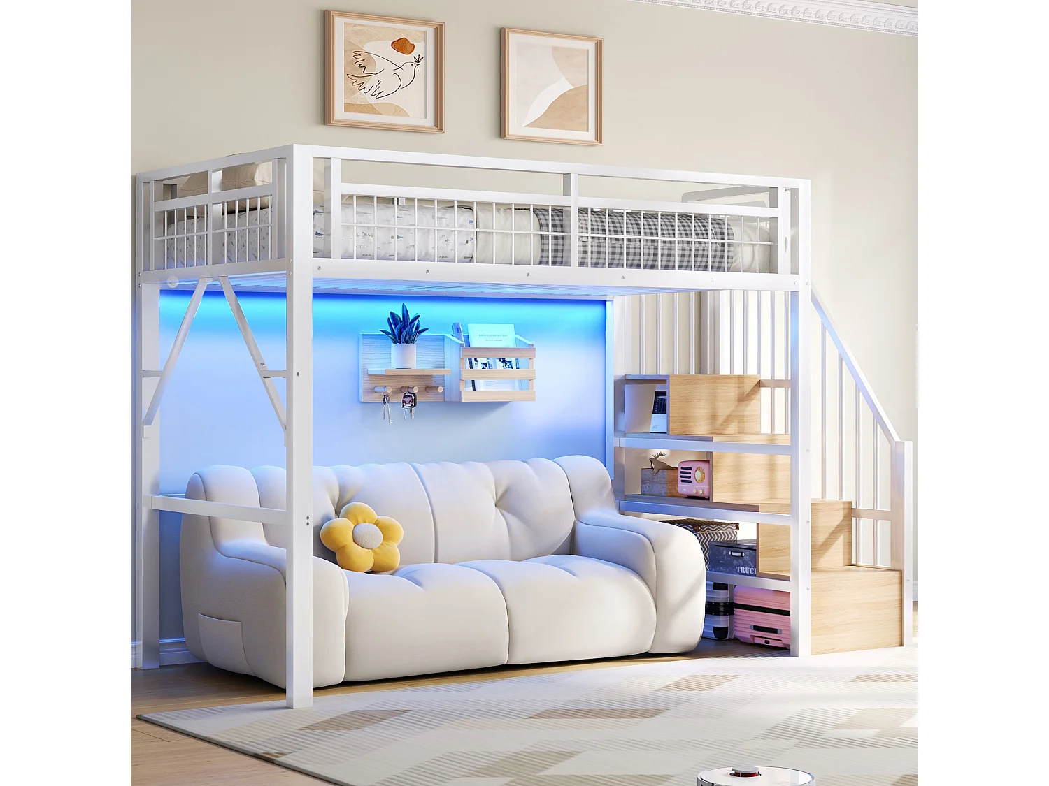 Kinderhoogslaper - 90 x 200 cm - ijzeren frame - met LED-verlichting + opbergladder - metaal - wit