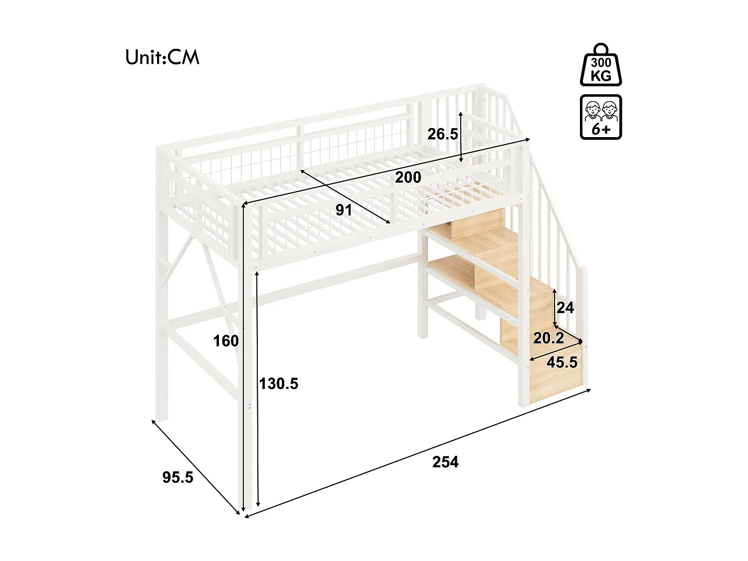 Kinderhoogslaper - 90 x 200 cm - ijzeren frame - met LED-verlichting + opbergladder - metaal - wit