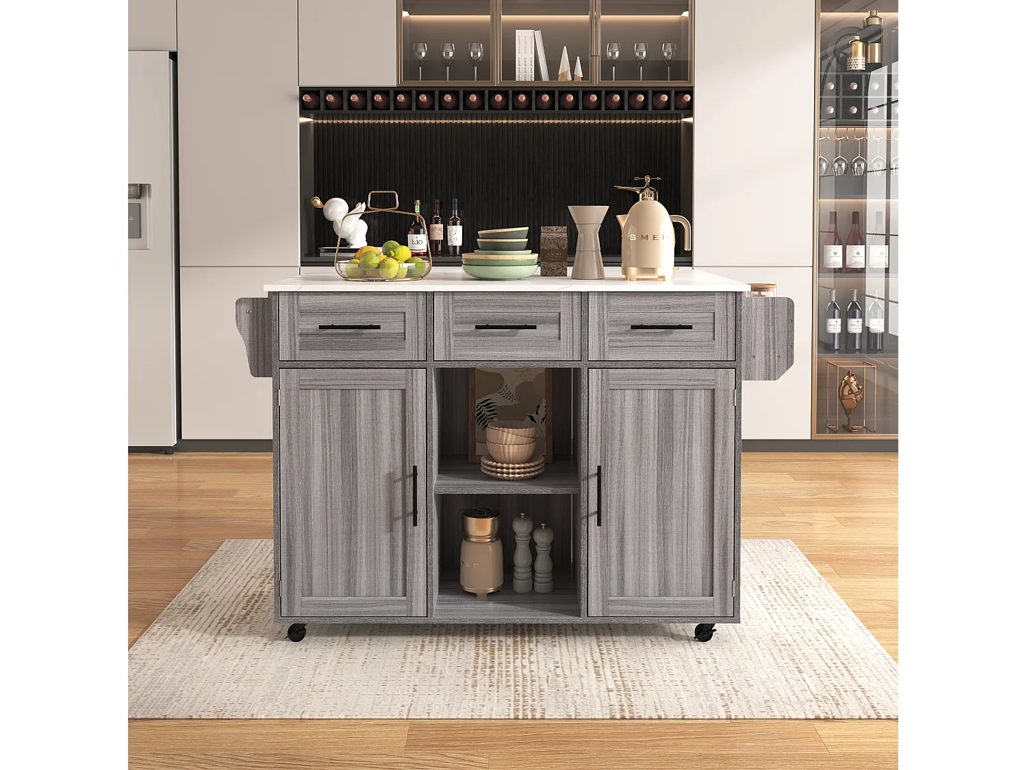 Îlot central sur roulettes avec plateau rabattable - 139 x 46 (71) x 91.5 cm - avec 2 portes + 3 tiroirs + étagères - MDF - gris