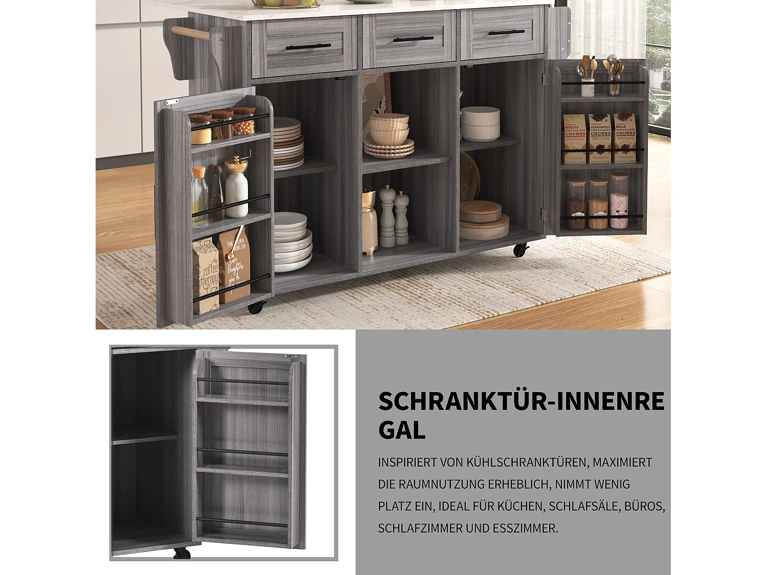 Îlot central sur roulettes avec plateau rabattable - 139 x 46 (71) x 91.5 cm - avec 2 portes + 3 tiroirs + étagères - MDF - gris