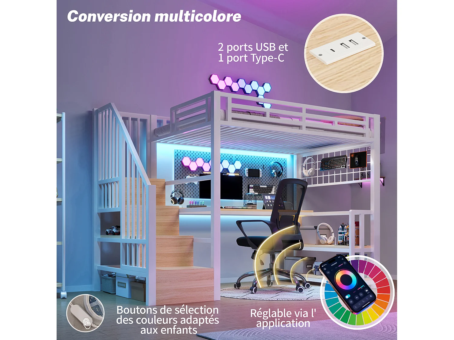 Lit mezzanine enfant - 90 x 200 cm - structure en fer - avec étagère + Leds + bureau + escalier de rangements + USB - métal - blanc