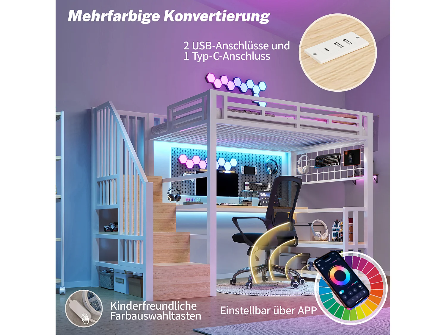 Lit mezzanine enfant - 90 x 200 cm - structure en fer - avec étagère + Leds + bureau + escalier de rangements + USB - métal - blanc