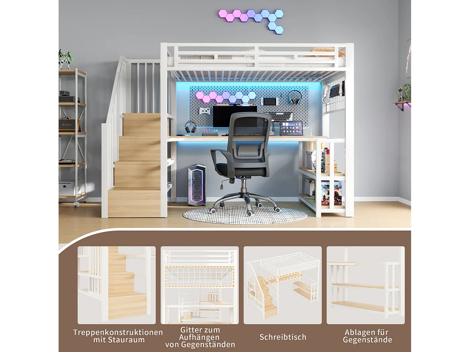 Lit mezzanine enfant - 90 x 200 cm - structure en fer - avec étagère + Leds + bureau + escalier de rangements + USB - métal - blanc