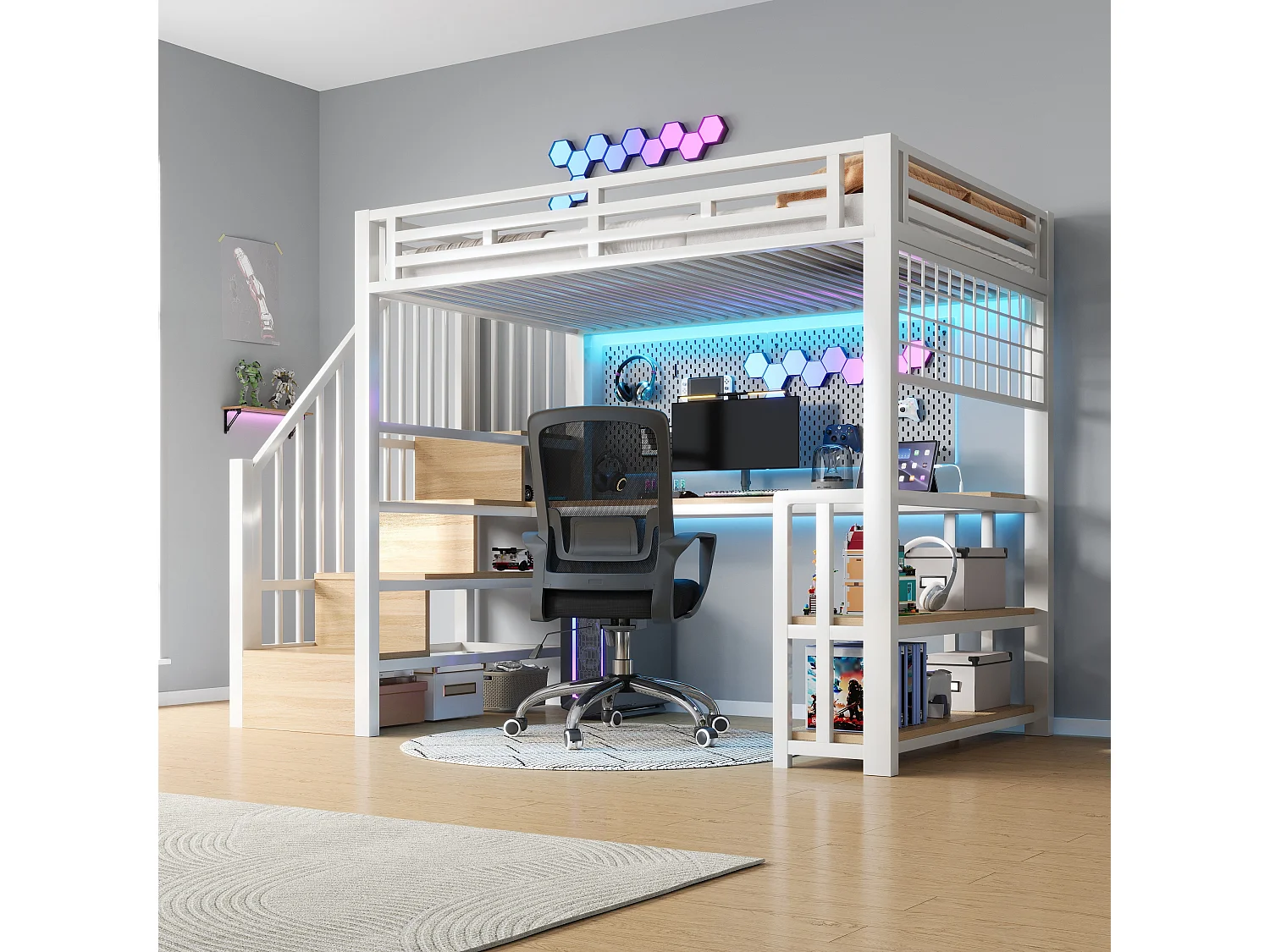 Lit mezzanine enfant - 90 x 200 cm - structure en fer - avec étagère + Leds + bureau + escalier de rangements + USB - métal - blanc