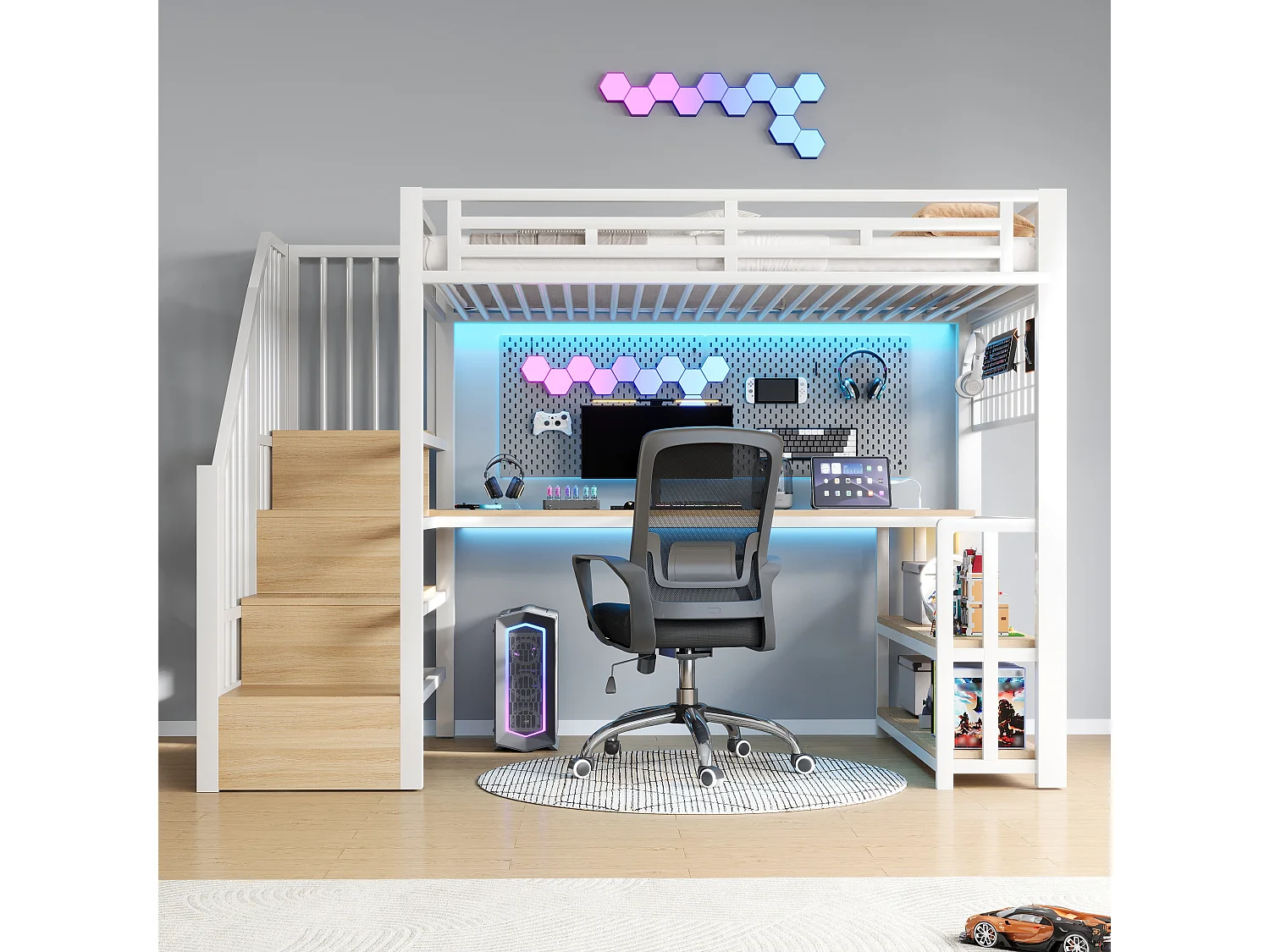 Lit mezzanine enfant - 90 x 200 cm - structure en fer - avec étagère + Leds + bureau + escalier de rangements + USB - métal - blanc