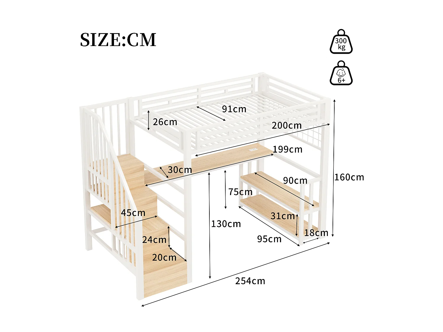 Lit mezzanine enfant - 90 x 200 cm - structure en fer - avec étagère + Leds + bureau + escalier de rangements + USB - métal - blanc