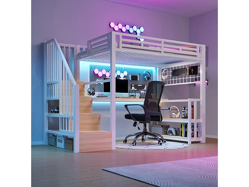 Kinderhoogslaper - 90 x 200 cm - ijzeren frame - met plank + ledverlichting + bureau + opbergtrap + USB - metaal - wit