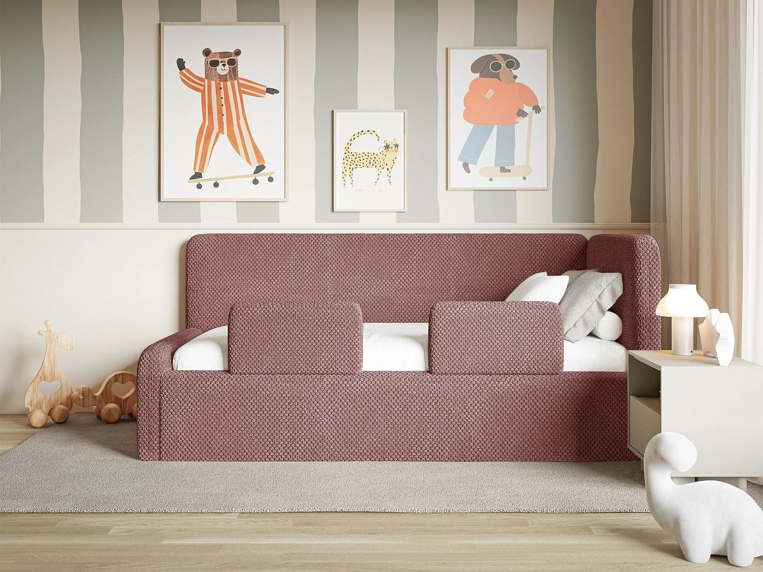 Kinderbed 90x200 met uitvalbeveiliging, matras en hoofdbord rechts – velours – roze – FANKO