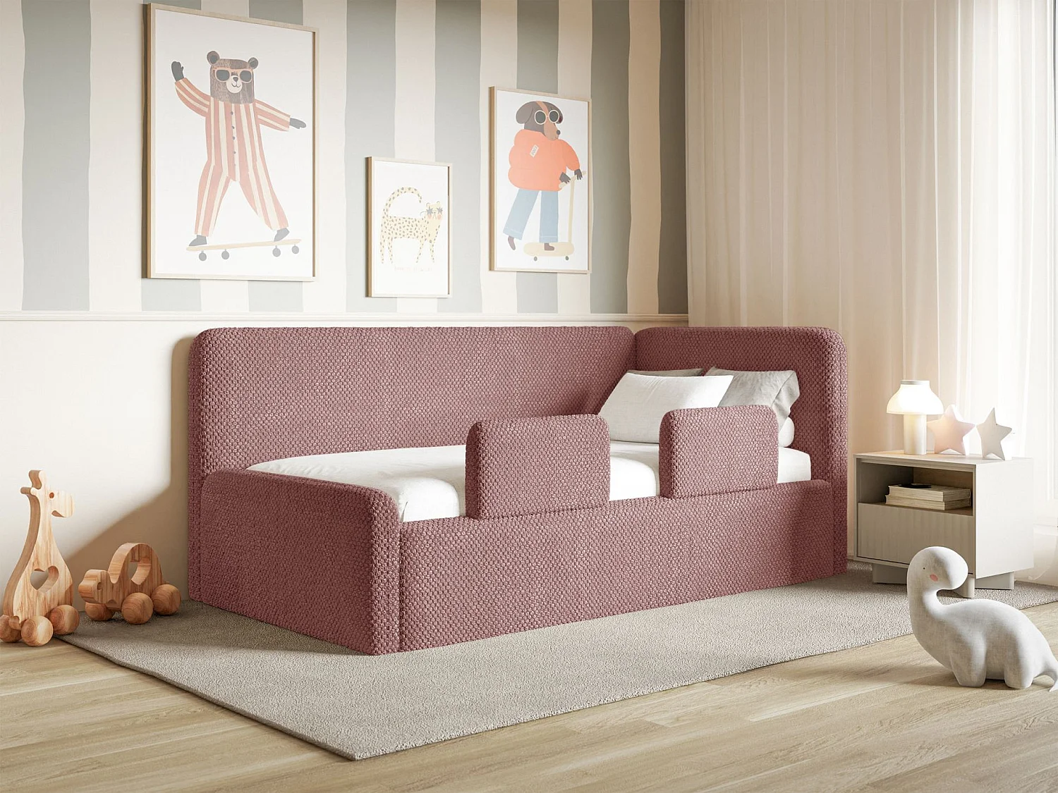 Kinderbed 90x200 met uitvalbeveiliging, matras en hoofdbord rechts – velours – roze – FANKO