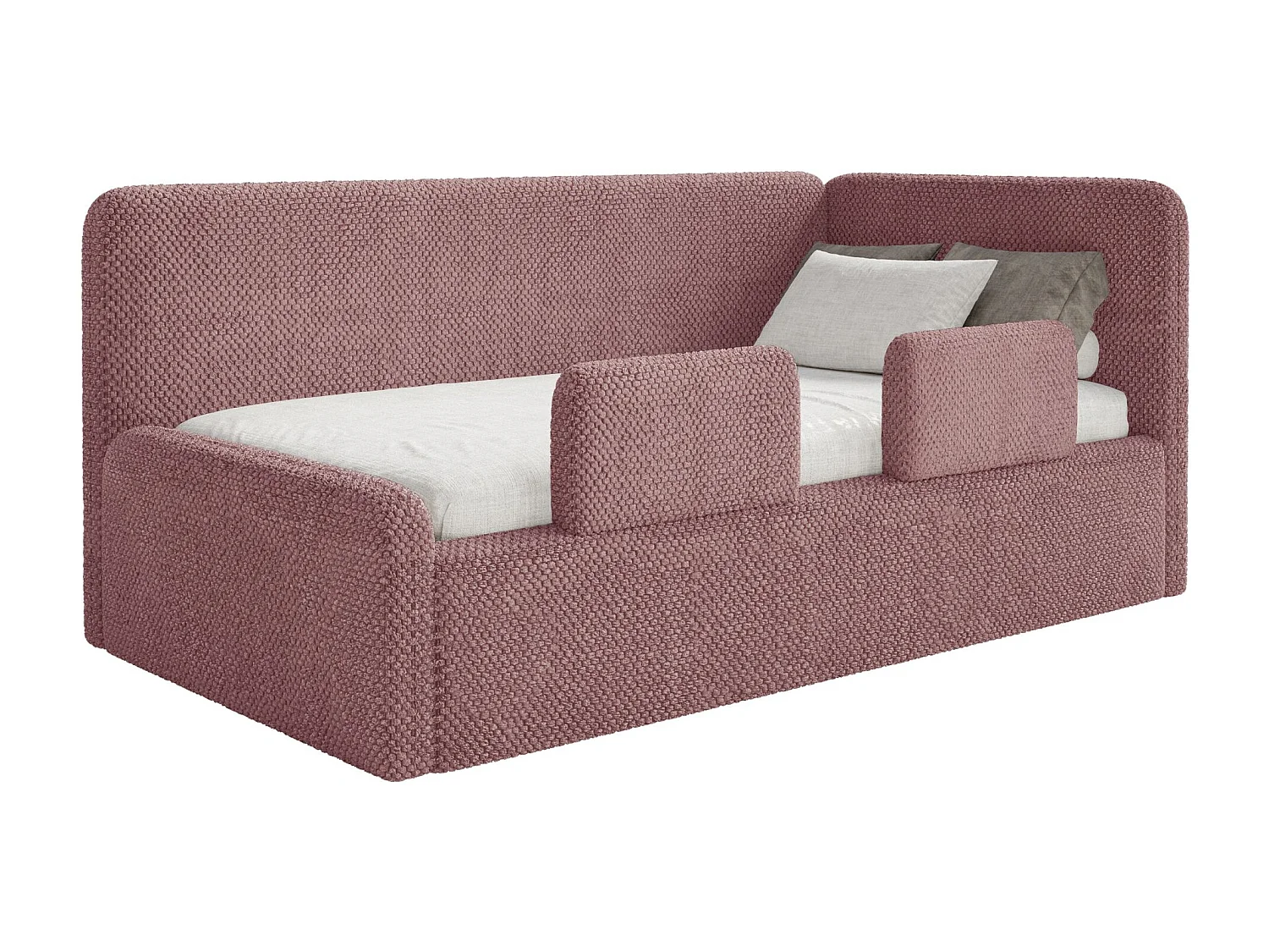 Kinderbed 90x200 met uitvalbeveiliging, matras en hoofdbord rechts – velours – roze – FANKO