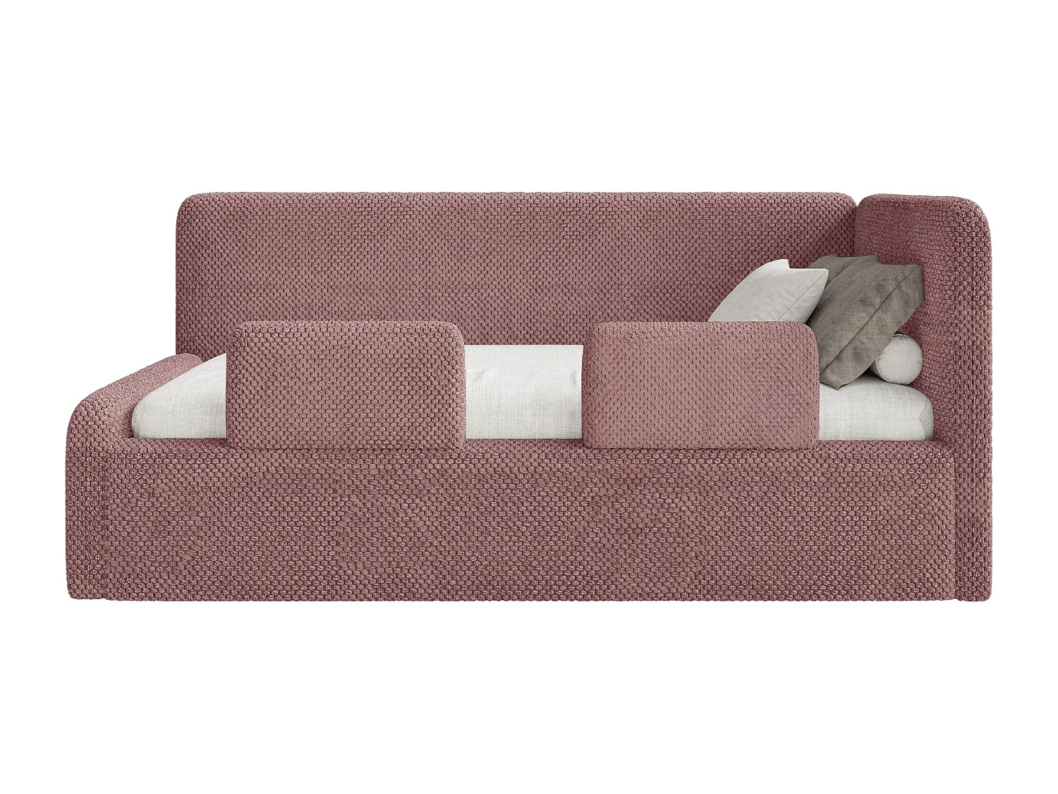Kinderbed 90x200 met uitvalbeveiliging, matras en hoofdbord rechts – velours – roze – FANKO