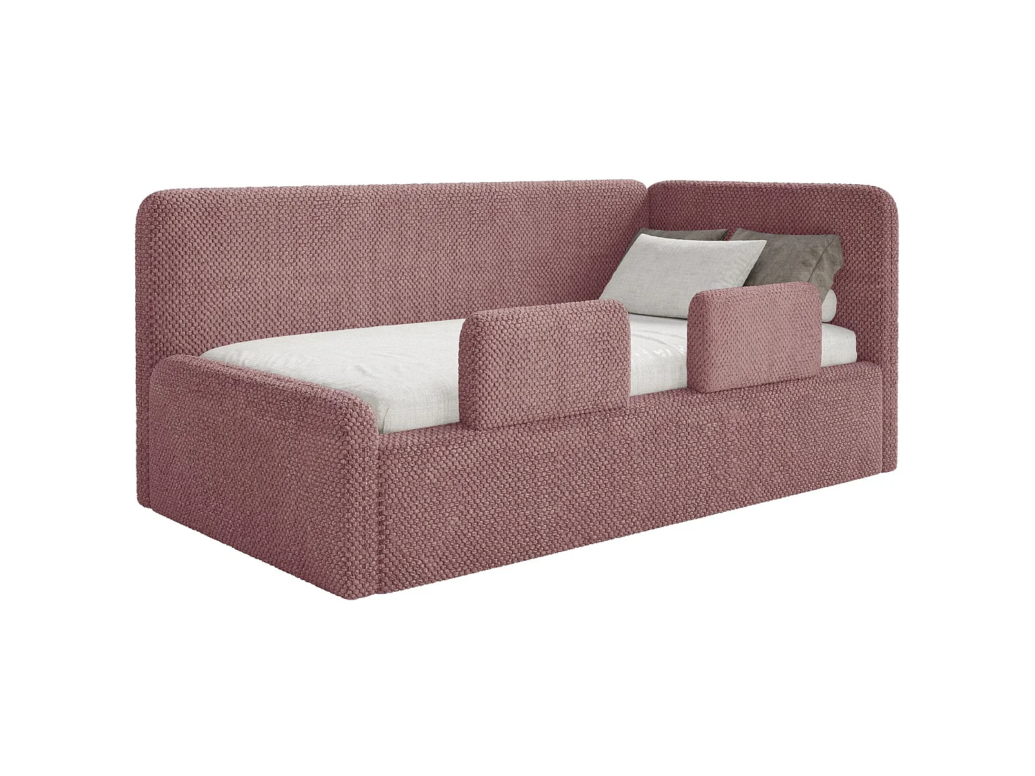 Lit enfant 90x200 – barrière de sécurité, matelas, tête de lit à droite – en peluche – rose – FANKO