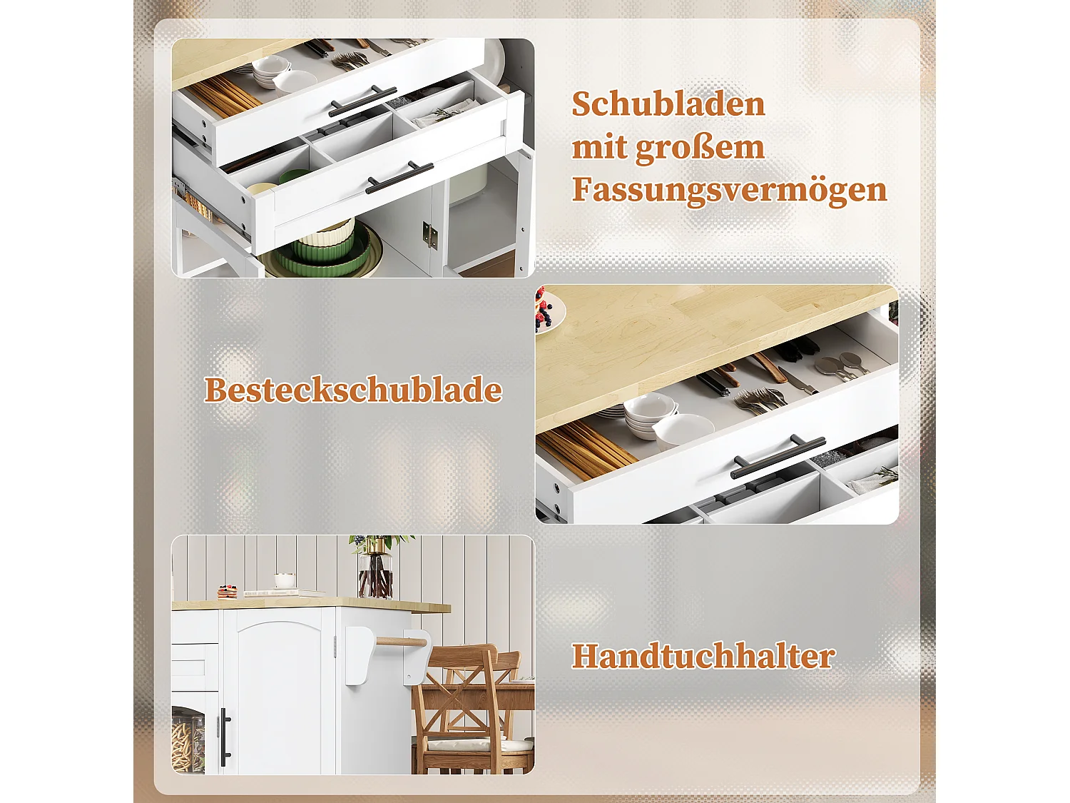 Îlot de cuisine mobile avec plan de travail pliable - 138 x 45 (70) x 90 cm - avec étagère + 2 tiroir + 3 portes - MDF - blanc