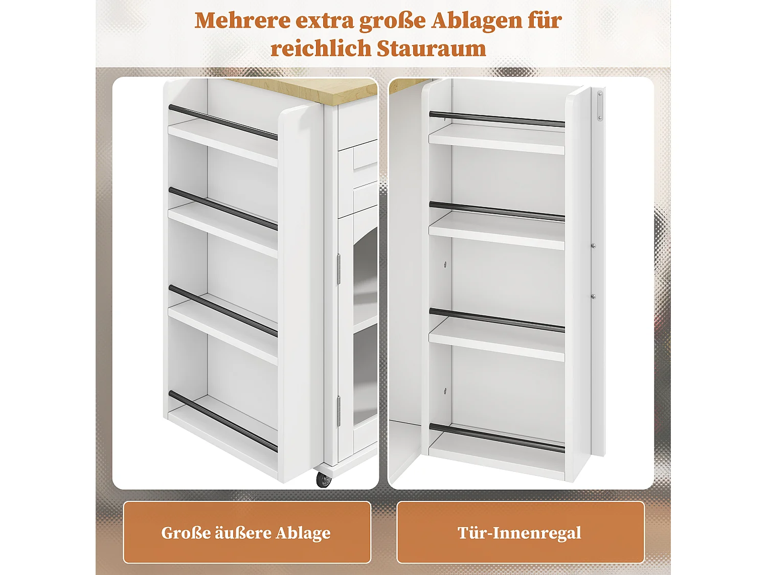 Îlot de cuisine mobile avec plan de travail pliable - 138 x 45 (70) x 90 cm - avec étagère + 2 tiroir + 3 portes - MDF - blanc