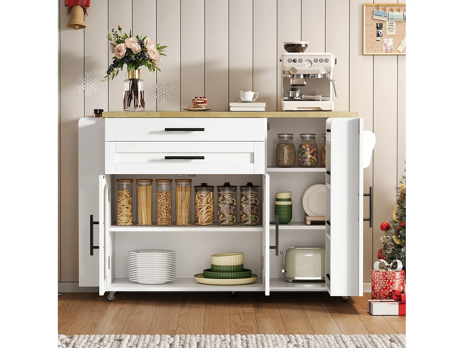 Îlot de cuisine mobile avec plan de travail pliable - 138 x 45 (70) x 90 cm - avec étagère + 2 tiroir + 3 portes - MDF - blanc