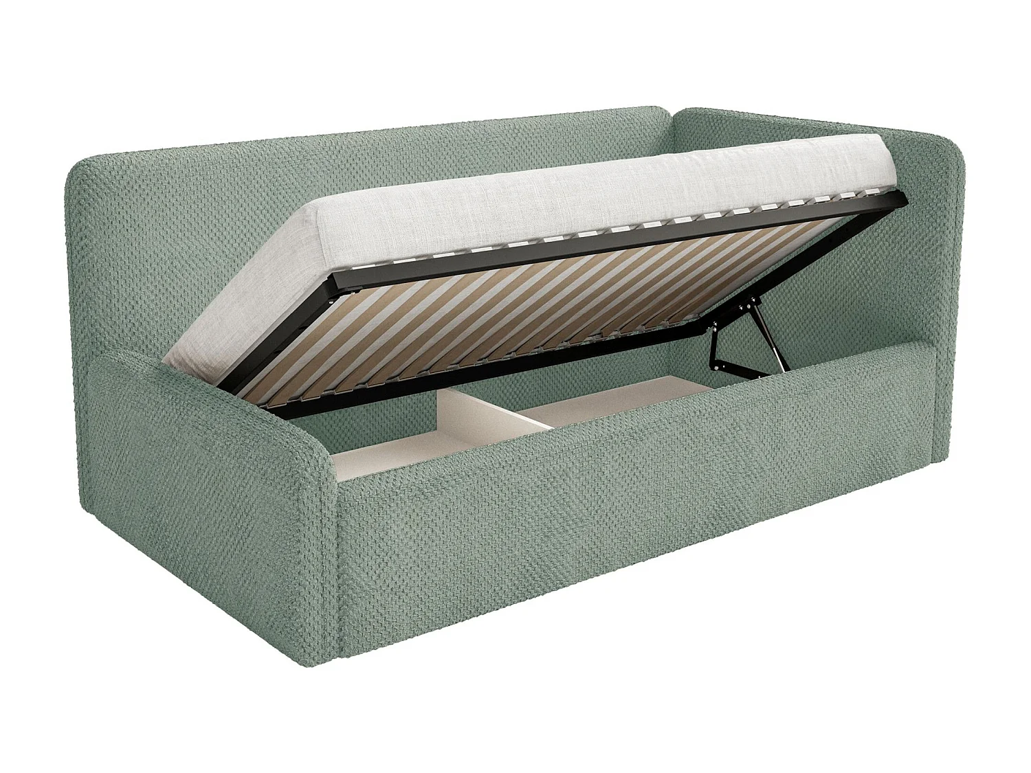 Kinderbed 90x200 met uitvalbeveiliging en hoofdbord rechts – velours – saliegroen – FANKO