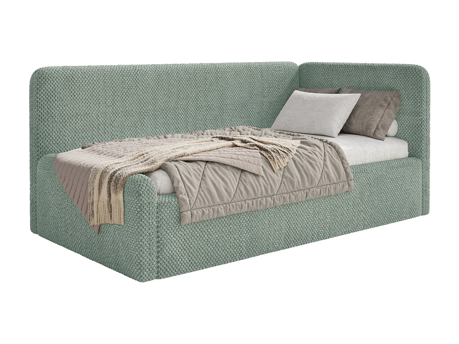 Kinderbed 90x200 met uitvalbeveiliging en hoofdbord rechts – velours – saliegroen – FANKO