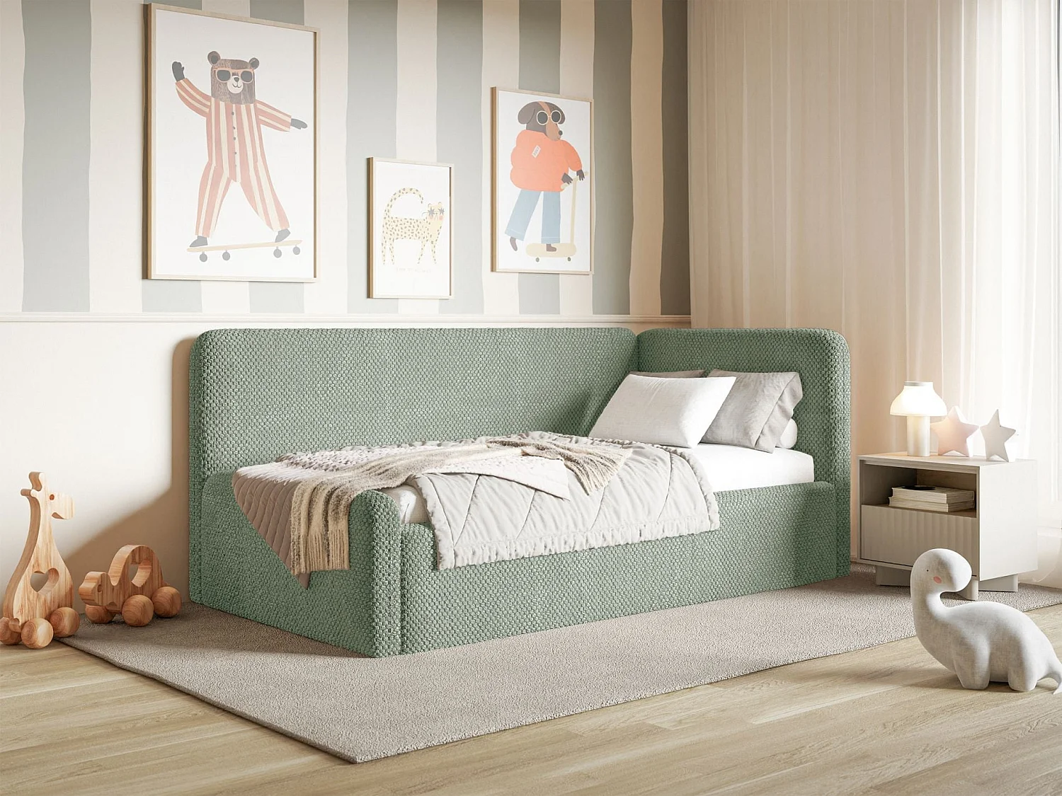 Lit enfant 90x200 – barrière de sécurité, tête de lit à droite – en peluche – vert sauge – FANKO